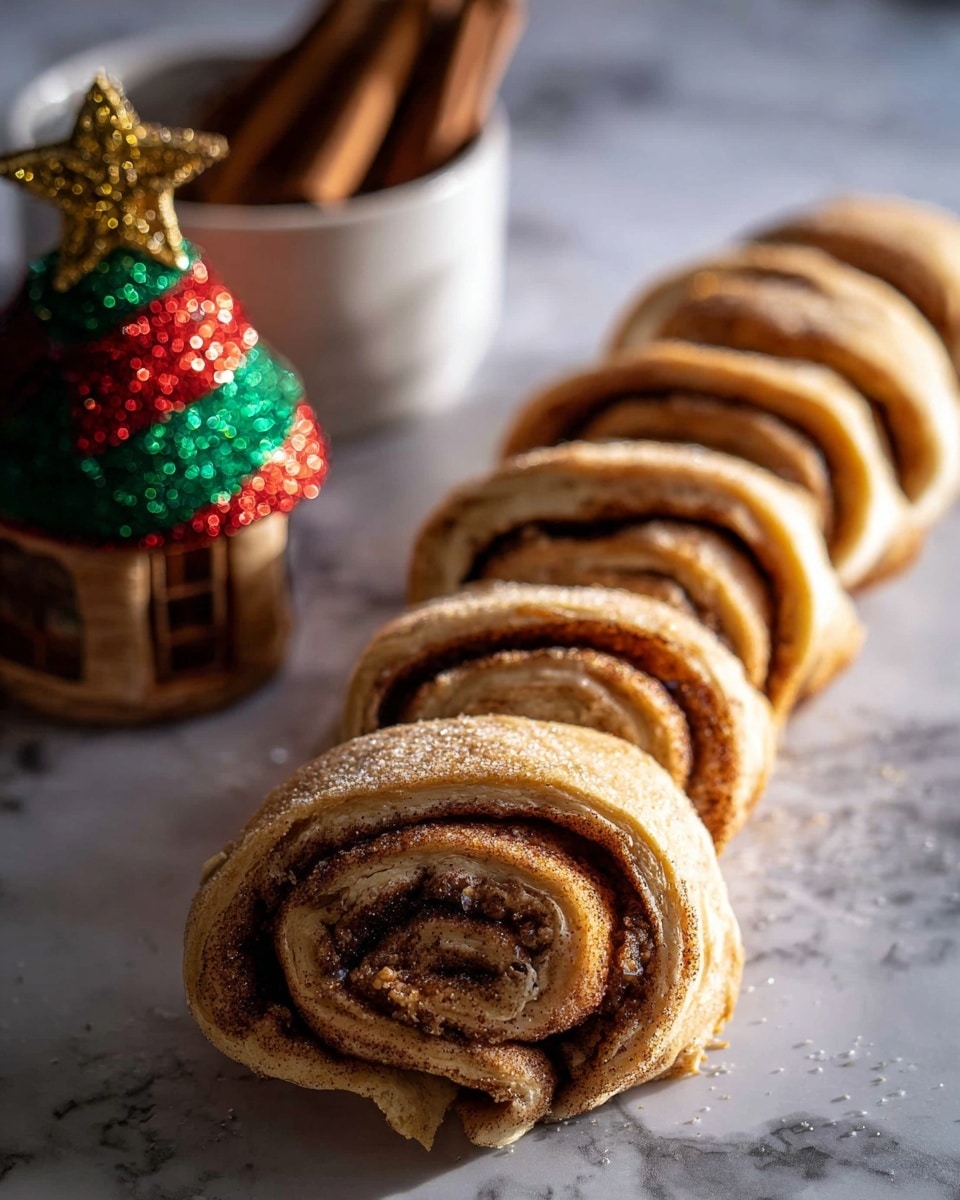 A row of six cinnamon rolls is laid out diagonally on a white marbled surface, each roll showing multiple spiral layers with light brown dough and dark cinnamon filling. The rolls have a soft, slightly textured surface sprinkled with sugar crystals. In the background on the left side, part of a white bowl is visible holding two cinnamon sticks and a glittery, small Christmas house ornament with green, red, and gold colors topped with a gold star. Warm light shines from the right, casting soft shadows on the rolls and highlighting their texture. Photo taken with an iphone --ar 4:5 --v 7