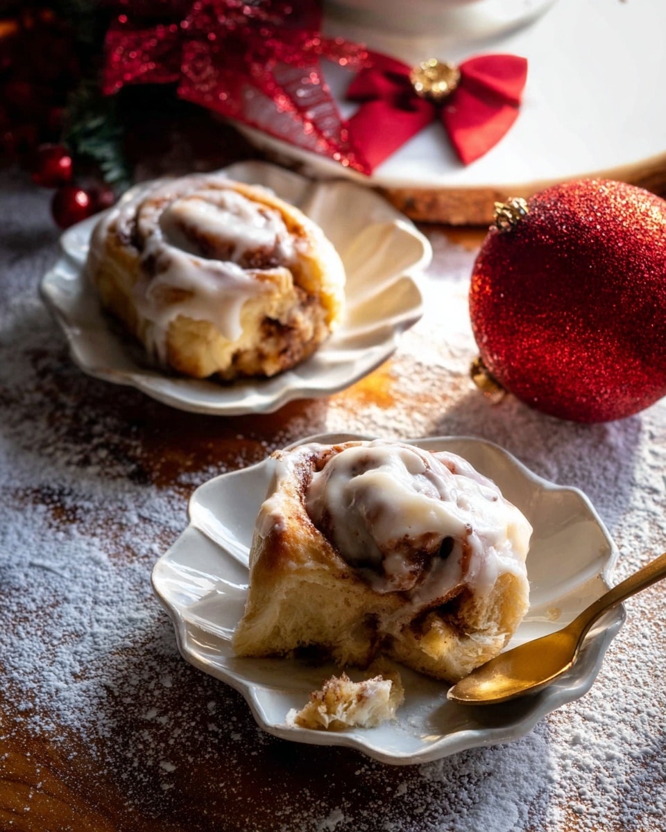 Two cinnamon rolls are on white flower-shaped plates with soft, creamy white icing on top. The rolls show clear layers of light golden brown dough with darker cinnamon swirls inside. One roll is slightly eaten, revealing flakes and texture inside, with a golden spoon placed diagonally on the plate next to it. The wooden table beneath adds warmth, while powdered sugar sprinkles the surface around the plates, and a red, glittery round ornament with a bow sits in the background on a white marbled textured surface. The light shines softly on the scene, enhancing the texture and colors photo taken with an iphone --ar 4:5 --v 7