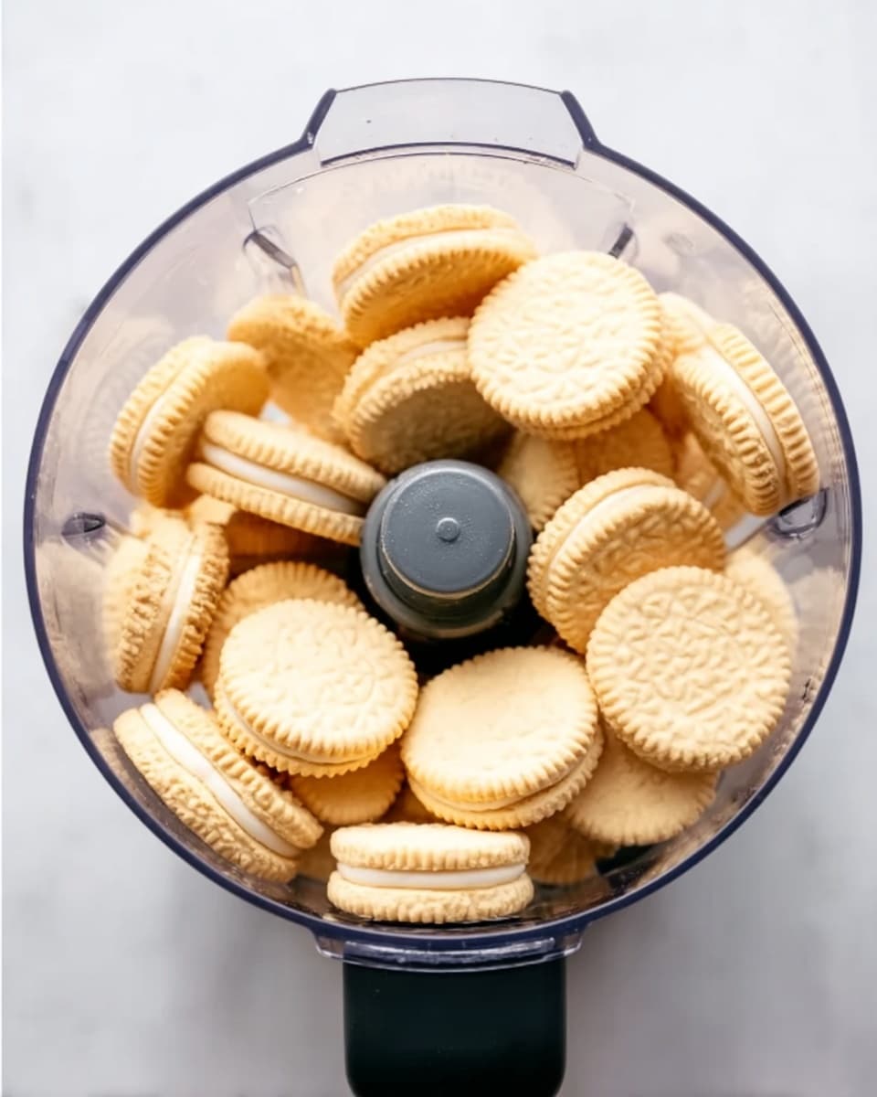 A clear blender jar filled with round, pale yellow sandwich cookies with cream filling, arranged loosely with some cookies standing on their sides and others lying flat. The jar is placed on a white marbled surface, and a woman's hand is not visible in this image. The central blender blade is visible, dark grey and pointing upward in the middle of the cookies. Photo taken with an iphone --ar 4:5 --v 7