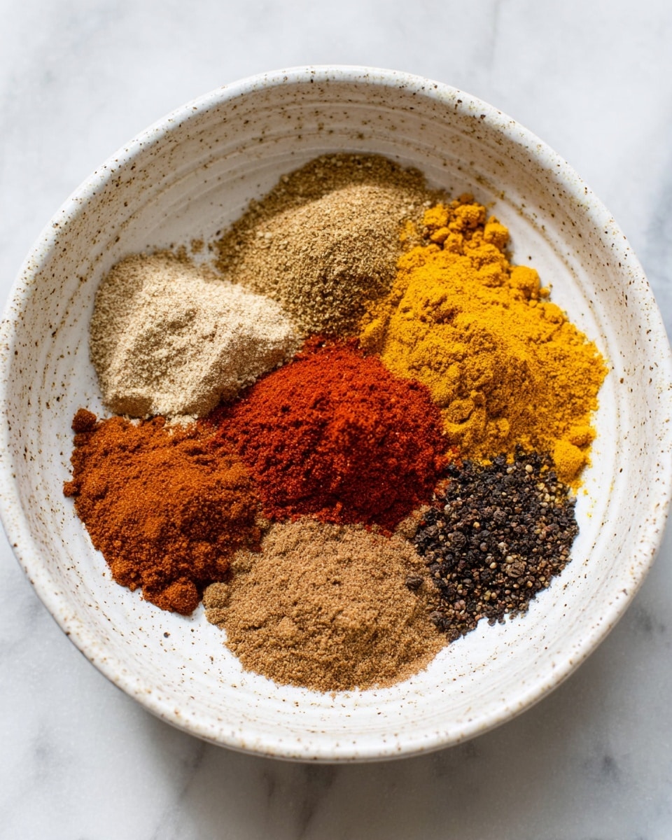 A white bowl with small brown speckles holds nine different spices, each forming a separate pile arranged close to one another. Starting from the top right and moving clockwise, there is a bright yellow turmeric powder, a light brown spice with a fine texture, a golden yellow, a darker brown with a soft texture, a rich reddish-orange pile that looks like paprika, and several other shades of brown and black spices, including coarse black pepper, all on a white marbled surface photo taken with an iphone --ar 4:5 --v 7