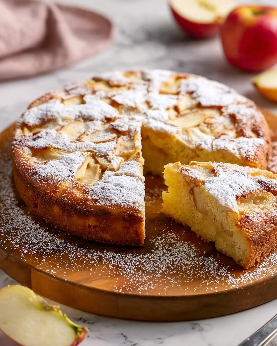 A round apple cake with a golden brown crust sits on a wooden board, with one slice removed showing a soft and moist interior filled with pieces of apple. A woman's hand is holding a small metal sieve above the cake, sprinkling powdered sugar gently over the top, dusting the surface with a light white layer. The background shows a stack of white plates and some forks blurred on a white marbled surface. Photo taken with an iphone --ar 4:5 --v 7