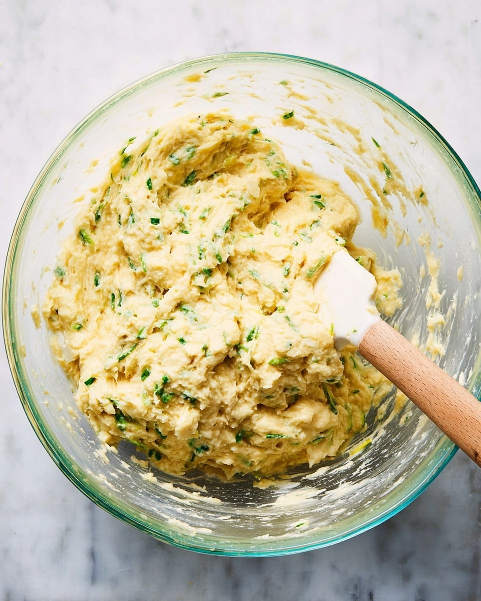 A clear large glass bowl holds a creamy, light yellow batter mixed with small pieces of green herbs and shredded vegetables distributed evenly throughout. A white spatula with a wooden handle rests inside the bowl, partially covered by the thick batter. The bowl is set on a white marbled surface that adds a clean, bright look to the scene. The batter texture is thick and slightly rough, showing bits of grated ingredients throughout. photo taken with an iphone --ar 4:5 --v 7