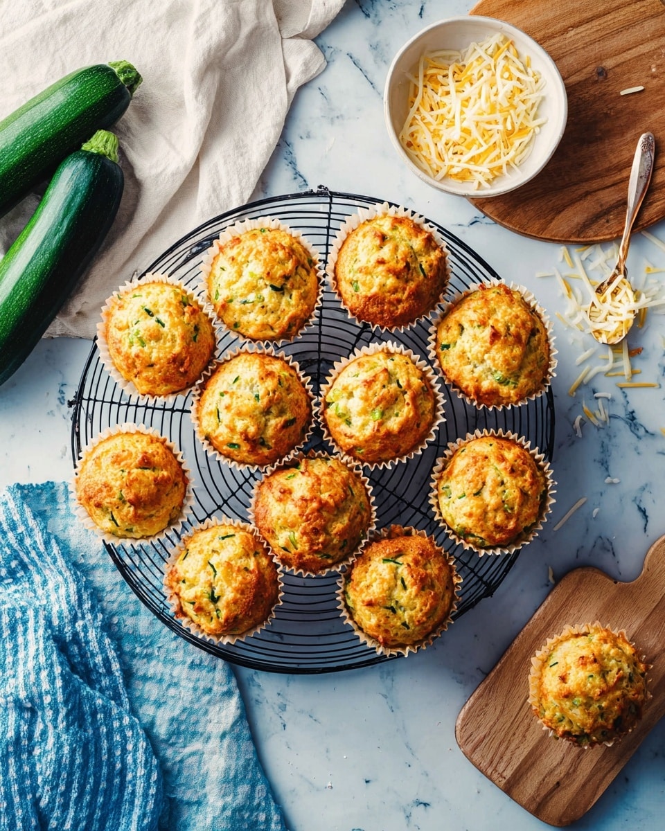 There are twelve golden-brown muffins with green bits inside, arranged in a circle on a black wire cooling rack placed on a white marbled surface. The muffins have a slightly rough, crispy top texture and are in light brown paper liners. To the right, a wooden cutting board holds a small white bowl filled with shredded cheese and a spoon inside it. On the left, there are two whole zucchinis resting on a wooden board, with a white cloth nearby. A blue and white checkered oven mitt sits at the bottom left corner. The scene is bright and airy with soft natural light. Photo taken with an iphone --ar 4:5 --v 7
