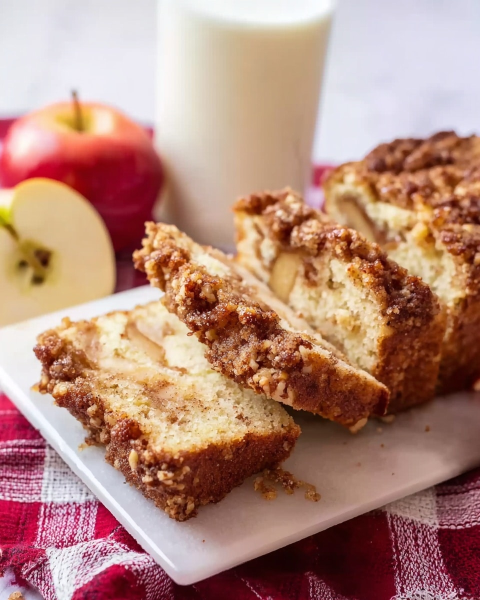 The image shows thick slices of apple crumb cake placed on a white rectangular plate. The cake has a golden-brown crumb topping with small nut pieces and a soft, light beige interior with bits of apple visible inside. The crumb topping looks crunchy and uneven with a mix of darker and lighter brown spots. A glass of milk stands behind the plate, bold and nearly filling the frame vertically. Two halves of a fresh apple with light yellow flesh and red skin are positioned nearby. All is set on a white marbled surface with a red and white checkered cloth in the background. Photo taken with an iphone --ar 4:5 --v 7