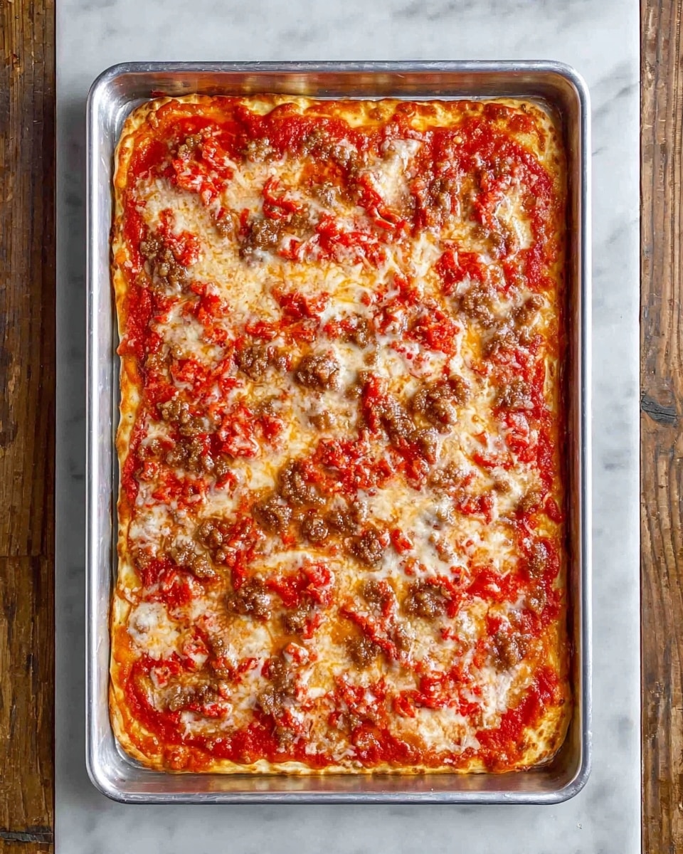 A rectangular pizza in a silver baking tray sits on a white marbled surface. The pizza has three visible layers: a golden-brown crust as the base, a bright red tomato sauce spread evenly over the crust, and a layer of melted white and slightly golden cheese evenly covering the sauce. Small pieces of browned sausage and finely chopped red pepper are sprinkled across the cheese, adding texture and color. The overall look is rustic with a mix of smooth sauce and melted cheese with scattered toppings, filling the entire tray. Photo taken with an iphone --ar 4:5 --v 7