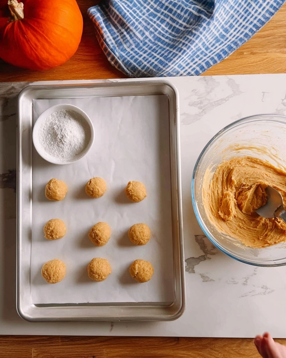 The image shows a baking tray lined with white parchment paper, placed on a white marbled surface. There are eight small, round dough balls evenly spaced in two columns and four rows on the tray. To the left, a small white bowl with a smooth white powder is set. On the right side, a large glass bowl contains thick, light brown dough with a spoon resting inside. A woman's hand is partly visible near the mixing bowl. The background includes a blue and white striped cloth and an orange pumpkin placed atop the white marbled surface. photo taken with an iphone --ar 4:5 --v 7