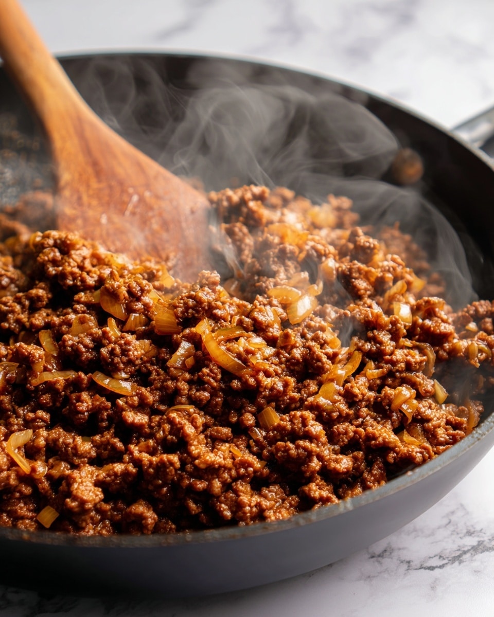 The image shows a close-up view of a black pan filled with cooked ground meat mixed with chopped onions. The meat is brown and crumbly, with the onions softened and slightly translucent, creating a textured surface. A wooden spatula is stirring the mixture, partially covered in the same brown meat and onion blend. Steam rises gently from the pan, giving a warm, fresh-cooked feel. The background and surface are white marbled texture. photo taken with an iphone --ar 4:5 --v 7
