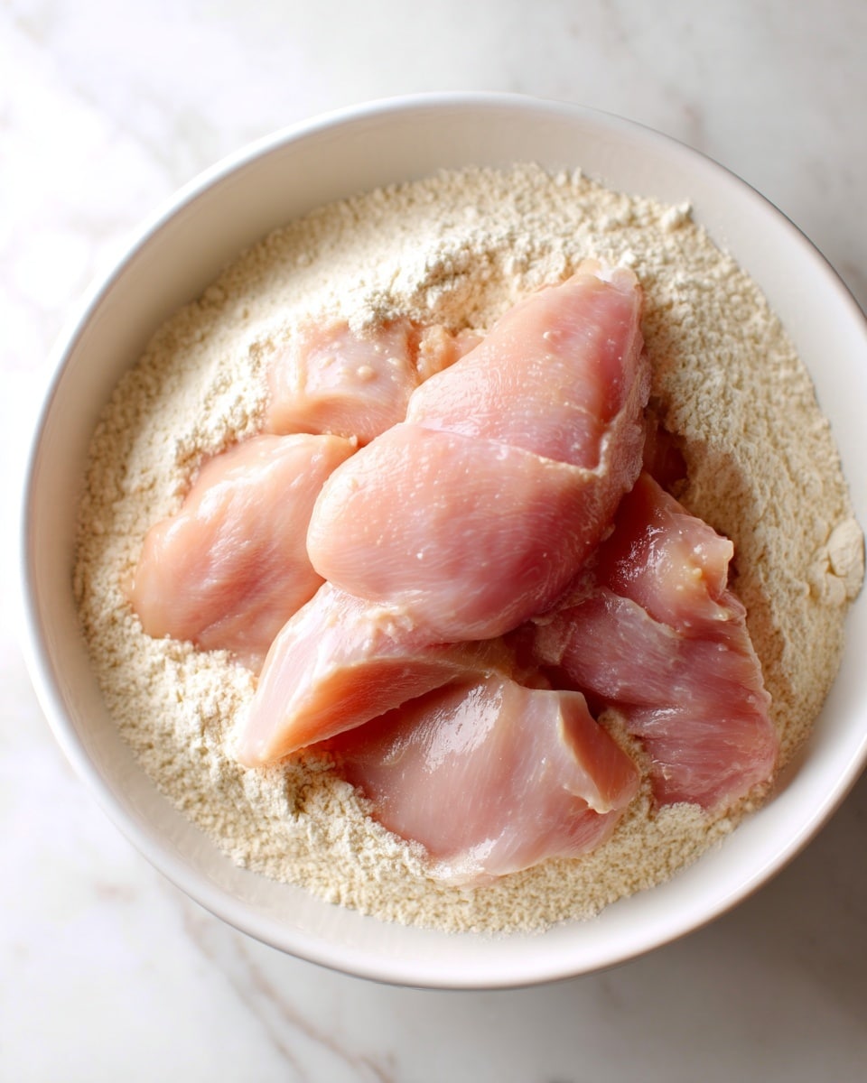 In a large bowl filled halfway with light beige flour, several pieces of raw light pink chicken are spread unevenly on top, showing their shiny, soft texture. The flour forms a ring around the chicken pieces, contrasting with the smooth surface of the meat. The bowl is white on the inside and rests on a white marbled background. photo taken with an iphone --ar 4:5 --v 7