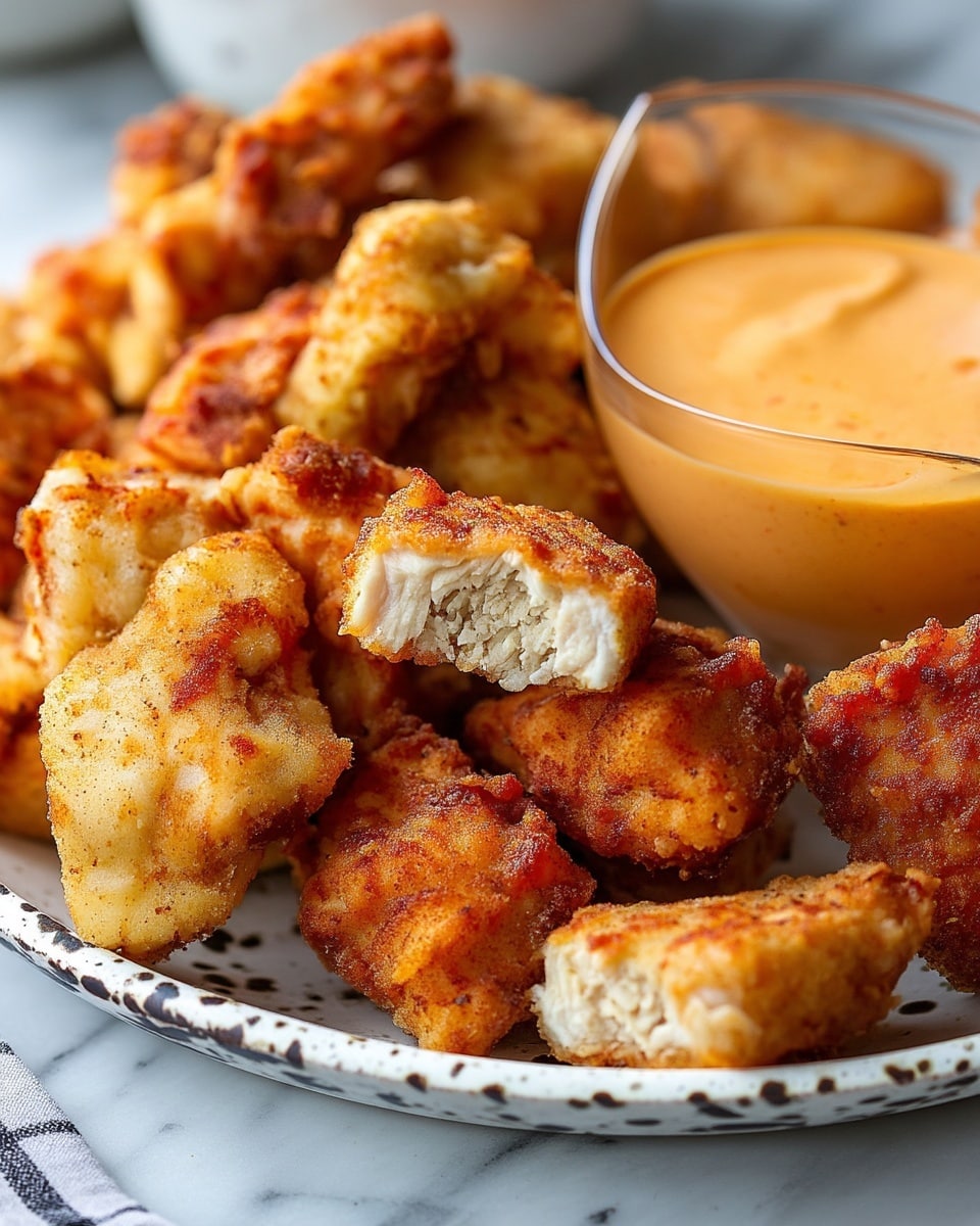 A close-up view of a pile of crispy golden-brown fried chicken nuggets with a rough textured coating. One nugget is broken in half showing the white, tender inside. In the top right corner, there's a small clear bowl filled with a creamy orange dipping sauce. The nuggets sit on a white plate with dark speckles, placed on a white marbled surface. photo taken with an iphone --ar 4:5 --v 7