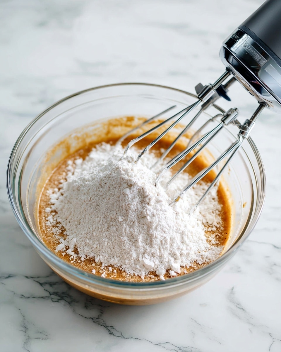 A clear glass bowl sits on a white marbled surface, filled with a thick, light brown liquid layer at the bottom. On top of this, there is a mound of white flour powder, creating a strong contrast with the brown mix. Partially inside the bowl are two metal beaters attached to a silver electric mixer, positioned on the right side, ready to mix the ingredients. The background maintains the white marbled texture for a clean, bright look. Photo taken with an iphone --ar 4:5 --v 7