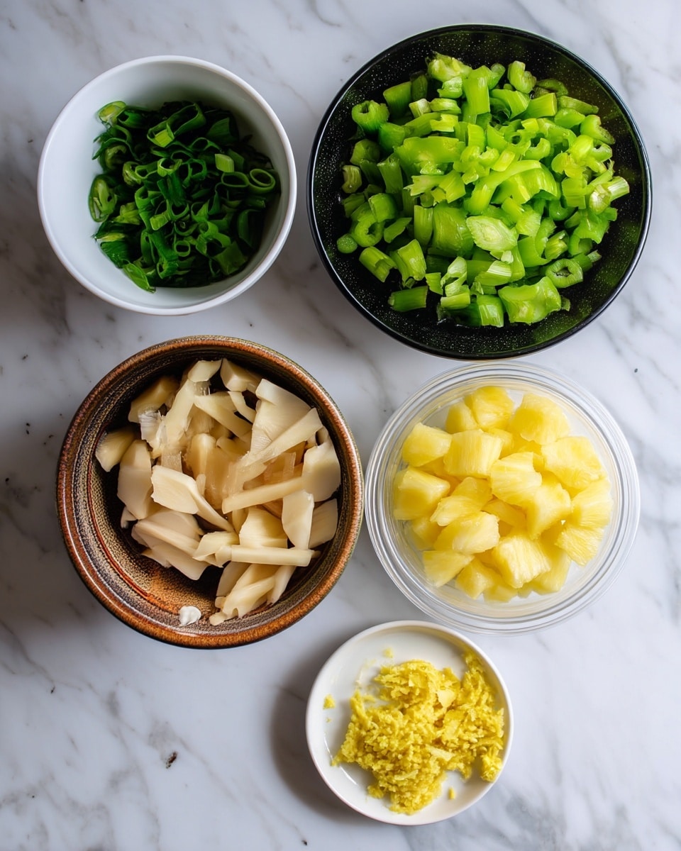 Five containers sit on a white marbled surface, each holding a different chopped ingredient. Starting from the top left, there is a white bowl filled with dark green chopped spring onions. To the right, a black bowl holds bright green chopped celery pieces. Below the black bowl, a clear plastic container contains small, pale yellow chopped pineapple chunks. At the bottom left, a round brown bowl contains sliced, light beige bamboo shoots. In the center bottom, a small white plate holds finely minced yellow ginger. The overall layout is neat with a focus on fresh, colorful vegetables and fruits photo taken with an iphone --ar 4:5 --v 7