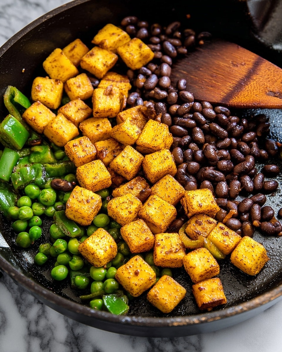 In a black pan, there are three main layers mixed together: small yellow cubes with a slight shine, bright green pieces with a smooth texture, and small round dark brown beans. The cubes have a light brown coating, showing they are cooked and crispy. The green pieces are evenly spread, with some showing slight char marks. The dark brown beans fill in the spaces between the yellow and green pieces, giving a rich contrast. A wooden spatula is on the right side, partly touching the food. The background is a white marbled texture. photo taken with an iphone --ar 4:5 --v 7