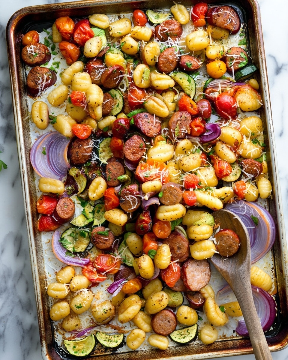 A close-up of a wooden spoon holding a mix of golden brown gnocchi, browned sausage slices, bright red roasted cherry tomatoes, and light green zucchini pieces with bits of purple onion and small green herb leaves scattered throughout. The gnocchi are soft with light grill marks, the sausage is crispy and richly colored, the tomatoes look juicy and slightly wrinkled, and the zucchini slices are tender with charred edges. The background is a white marbled texture covered with the same mix of ingredients, sprinkled with grated white cheese and black pepper. Photo taken with an iphone --ar 4:5 --v 7