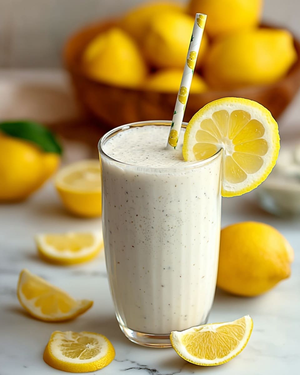 The image shows a clear glass filled with a creamy white drink topped with a fresh green mint sprig and a thin yellow lemon slice placed inside the glass near the rim. A yellow and white striped straw sticks out of the glass on the right side. Surrounding the glass on a white marbled surface are three sliced lemon halves, two whole and one partially visible. The colors are bright and fresh, with a focus on white, yellow, and green. A woman's hand is not visible but implied to hold the glass. Photo taken with an iphone --ar 4:5 --v 7
