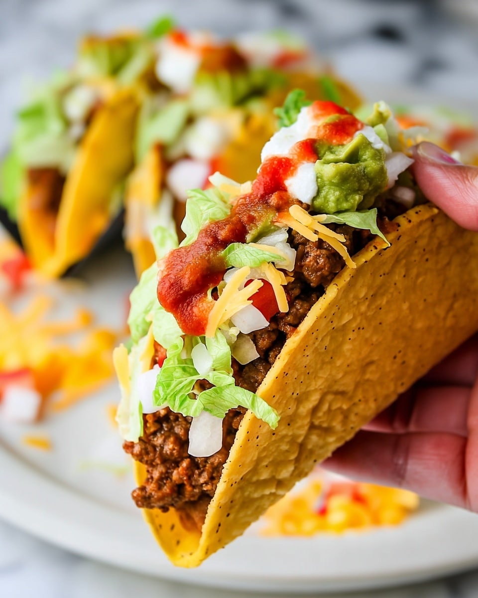The image shows a close-up of a taco held by a woman's hand. It has a yellow hard taco shell filled with four main layers: first a layer of cooked ground meat, dark brown in color; on top of that, chopped white onions and shredded light green lettuce; then a small amount of shredded yellow cheese and fresh red tomato pieces; finally a dollop of white sour cream covered with some green guacamole and red salsa sauce drizzled on top. In the background, more tacos are blurred, placed on a white plate with scattered shredded cheese on a white marbled surface. photo taken with an iphone --ar 4:5 --v 7