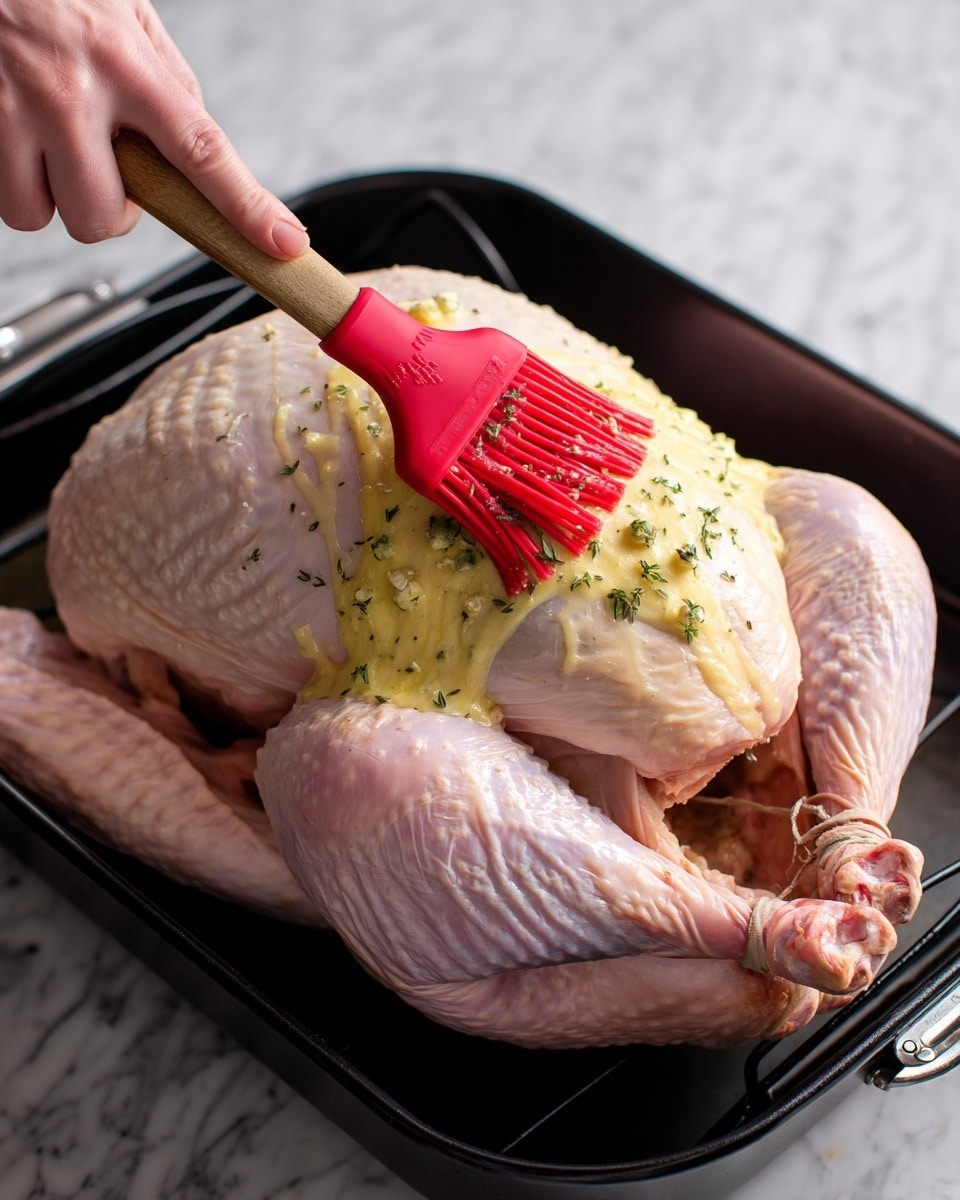 A raw whole turkey is placed in a black roasting pan on a white marbled surface. The turkey is pale pink with visible skin texture and some small herbs sprinkled on top. A woman's hand is holding a red brush applying a thick yellow butter and herb mixture evenly over the top middle section of the turkey. The butter mixture is creamy and spread smoothly, dripping slightly down the sides. Photo taken with an iphone --ar 4:5 --v 7