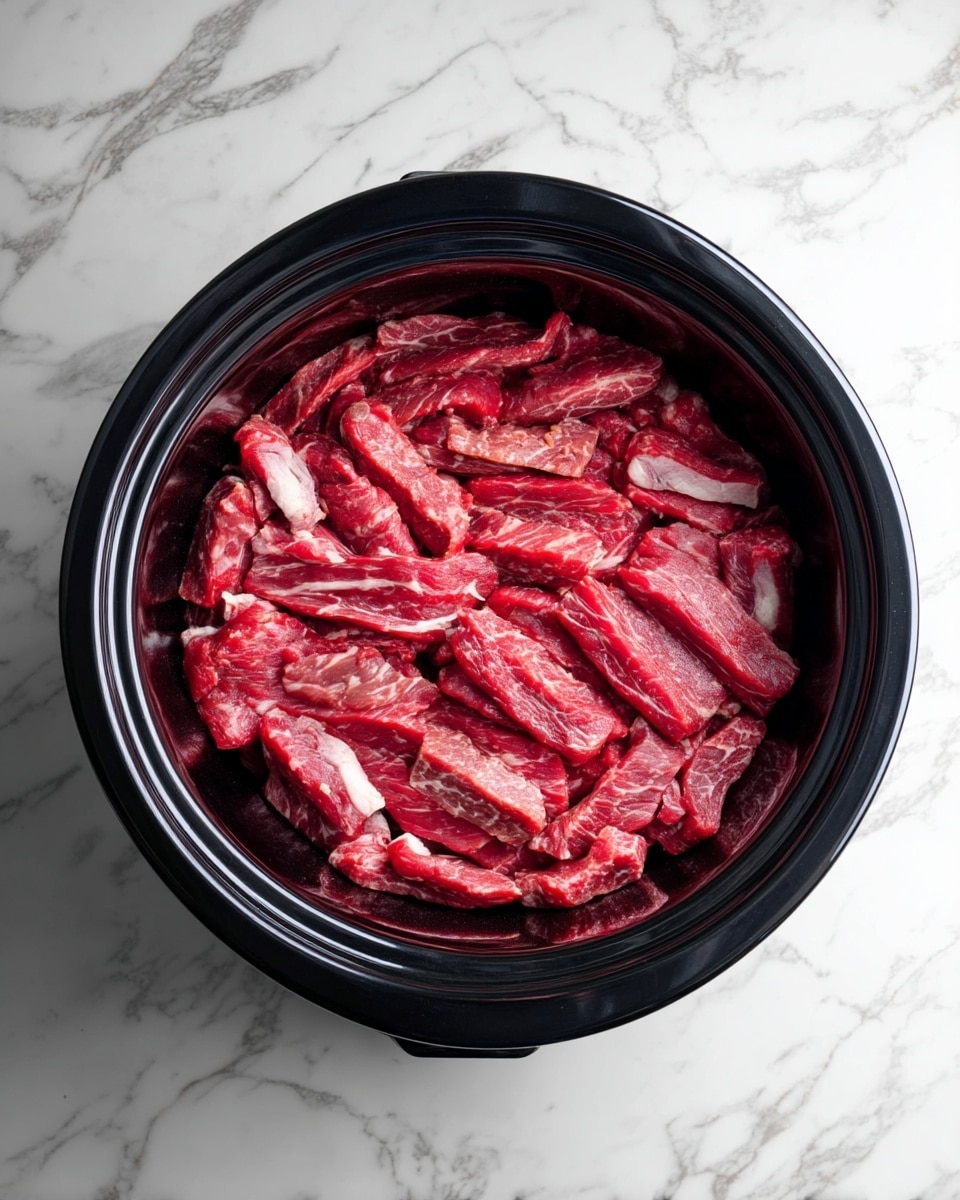 A black round slow cooker filled with one layer of raw, thin strips of red meat evenly spread inside. The meat has some white streaks of fat showing texture. The slow cooker is set on a white marbled surface, giving a clean and bright background. photo taken with an iphone --ar 4:5 --v 7