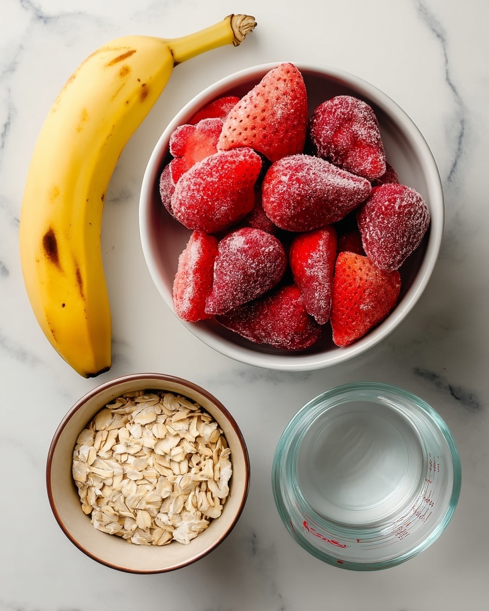 A white bowl filled with frozen bright red strawberries covered with frost sits in the middle of a white marbled surface. To its left is a ripe yellow banana with a small brown spot near the bottom tip. Above the banana is a white bowl filled with thick, creamy, white yogurt. Below the strawberries is a small white bowl with a brown rim containing light beige rolled oats. To the right of the strawberries is a clear glass measuring cup filled with water. All items are placed neatly on the white marbled background. photo taken with an iphone --ar 4:5 --v 7