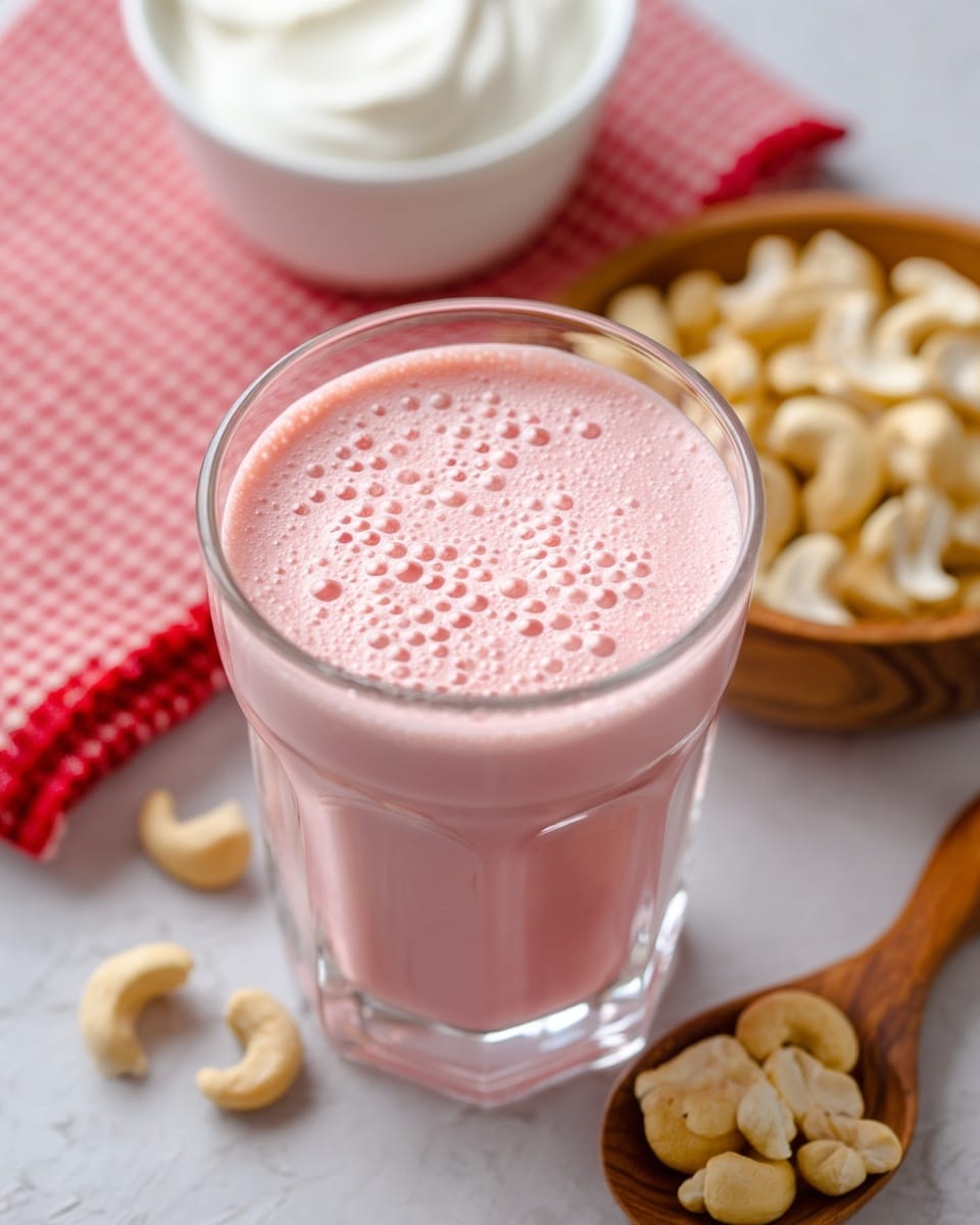 A glass filled with a smooth pink smoothie topped with small bubbles, seen from above. In the background, there is a blurred wooden plate with white yogurt in a white bowl on the left placed on a red and white checkered cloth, and a wooden spoon on the right filled with light beige cashew nuts. The surface beneath everything has a white marbled texture. Photo taken with an iphone --ar 4:5 --v 7