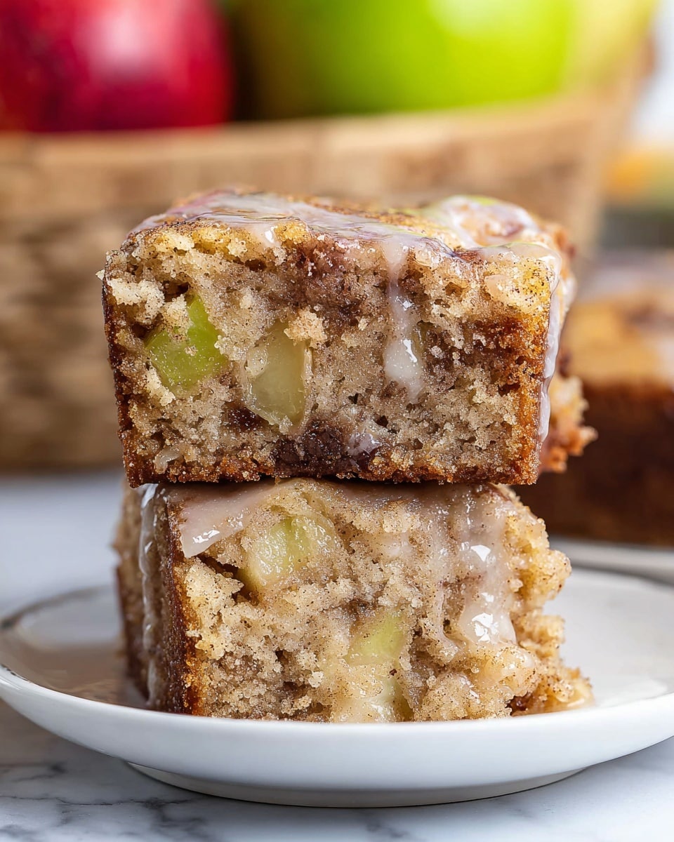 Two stacked square pieces of apple cinnamon cake on a white plate, each piece showing a soft, moist texture filled with small chunks of green apple and specks of cinnamon throughout. The top layer has a slightly glossy, sugary glaze that looks sticky and thick, dripping slightly over the sides. The cake has a light brown color with darker spots where cinnamon is more concentrated, and a crumbly, tender edge. In the background, there is a blurred basket of red and green apples, all on a white marbled surface. Photo taken with an iphone --ar 4:5 --v 7