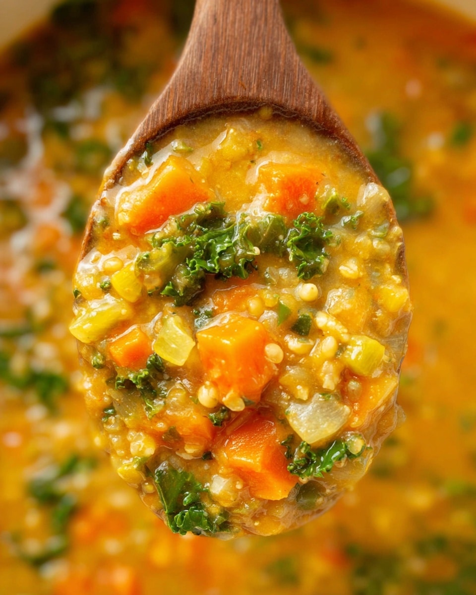 A close-up view of a wooden spoon holding a thick, chunky soup filled with multiple layers of small diced orange carrots, green kale leaves, light yellow onions, and small pieces of pale yellow vegetables, all immersed in a yellow-orange creamy broth with a slightly textured surface. The background shows more of the same soup with similar colorful vegetable bits and a smooth, glossy liquid. The whole image is set against a white marbled texture. Photo taken with an iphone --ar 4:5 --v 7
