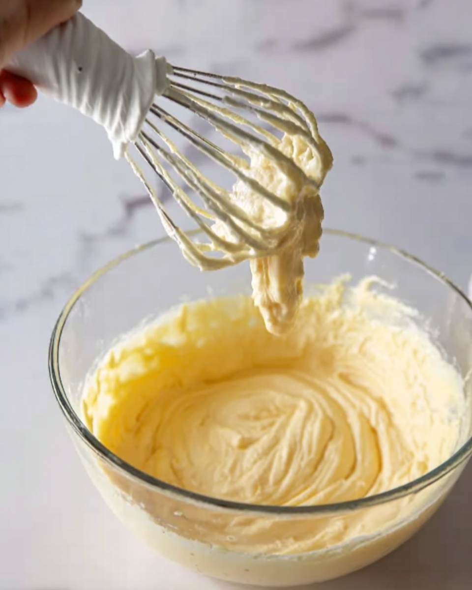 The image shows a clear glass bowl filled with a thick, pale yellow batter with a smooth texture. Above the bowl, a metal whisk attached to a mixer is lifting some of the batter, showing its creamy and slightly thick consistency. On the left side, a woman's hand is holding a white piping bag filled with white cream or frosting. The background has a white marbled surface, adding a clean and bright look to the scene. photo taken with an iphone --ar 4:5 --v 7