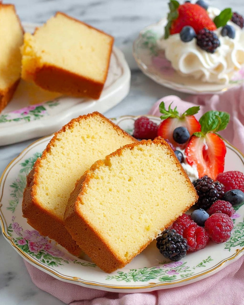 Two thick slices of light yellow pound cake with a soft texture are stacked slightly overlapping on a white plate with floral and green-gold trim designs. Next to the cake slices is a small dollop of white whipped cream topped with an assortment of colorful berries including red strawberries, dark blackberries, red raspberries, and blue blueberries. In the background, more cake slices rest on a white plate with gold rim. The surface is white marble, and there is a pink cloth partially visible under the plate. photo taken with an iphone --ar 4:5 --v 7