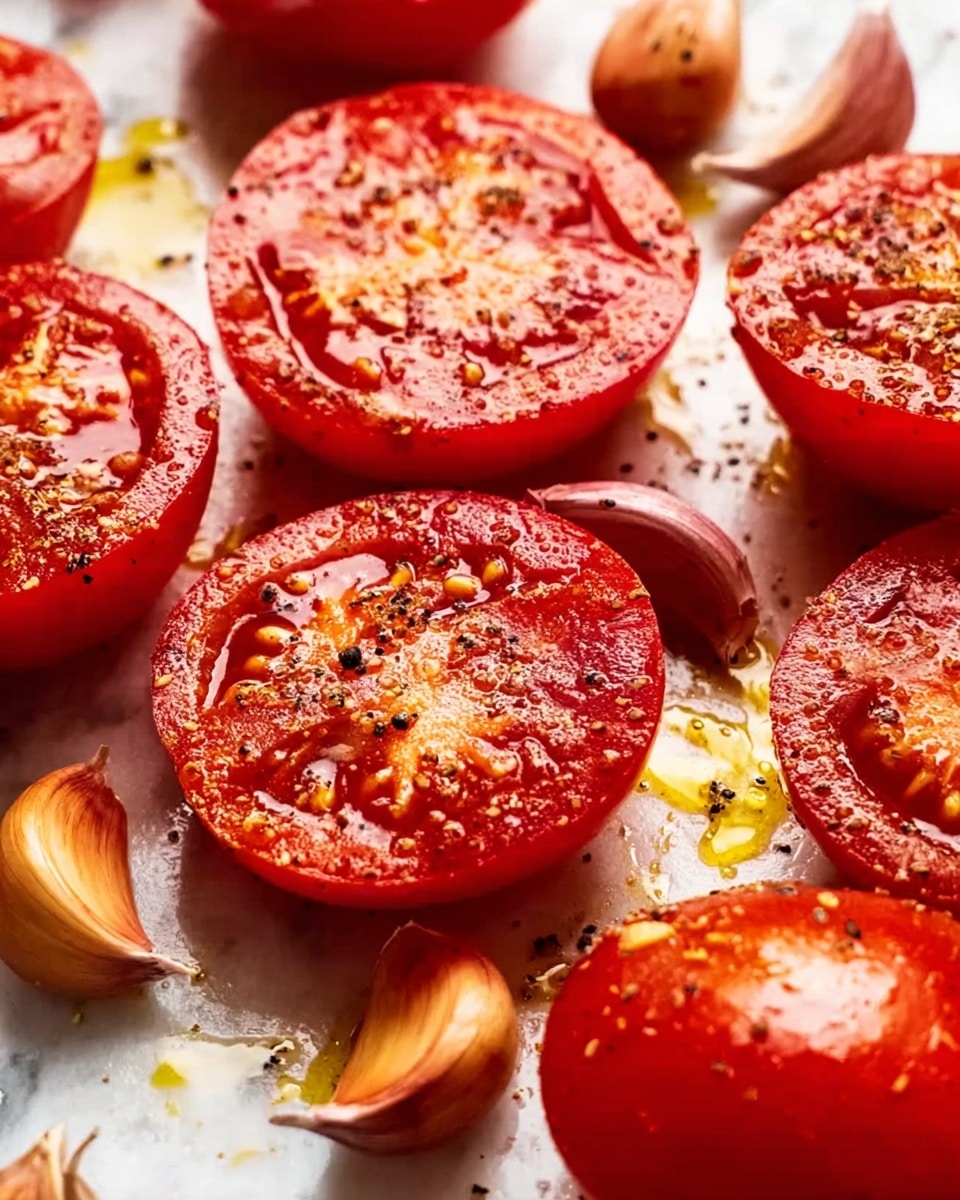 The image shows a close-up of several halved tomatoes with a deep red color and soft texture, placed cut side up. They are sprinkled with coarse black pepper and a light drizzle of golden oil, giving them a shiny appearance. Around the tomatoes, there are whole garlic cloves with smooth, light brown skin. All the ingredients rest on a white marbled surface that reflects the colors gently. The photo focuses closely on the tomatoes and garlic, capturing their freshness and natural juices photo taken with an iphone --ar 4:5 --v 7