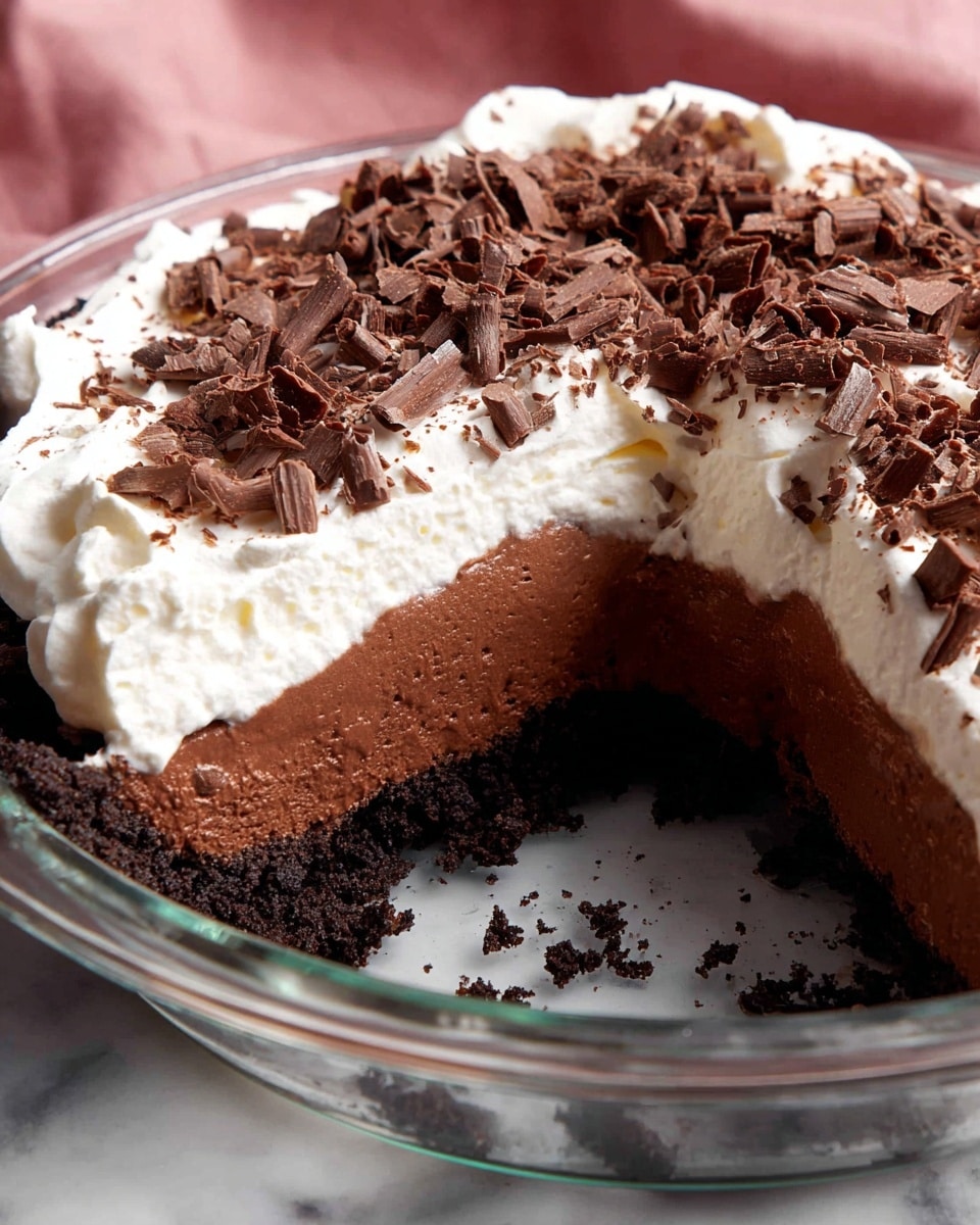 This is a three-layer chocolate pie in a clear glass pie dish resting on a white marbled surface. The bottom layer is a dark chocolate crumb crust, firm and slightly crumbly in texture, forming a sturdy base. Above it is a thick, smooth dark chocolate filling with a rich, creamy texture. The top layer consists of a thick, fluffy white whipped cream spread evenly over the chocolate filling. The whipped cream is topped with many dark chocolate curls scattered generously across, adding a textured look. One slice of the pie is taken out, showing the clear layers inside and some crumbs fallen in the dish. Photo taken with an iphone --ar 4:5 --v 7