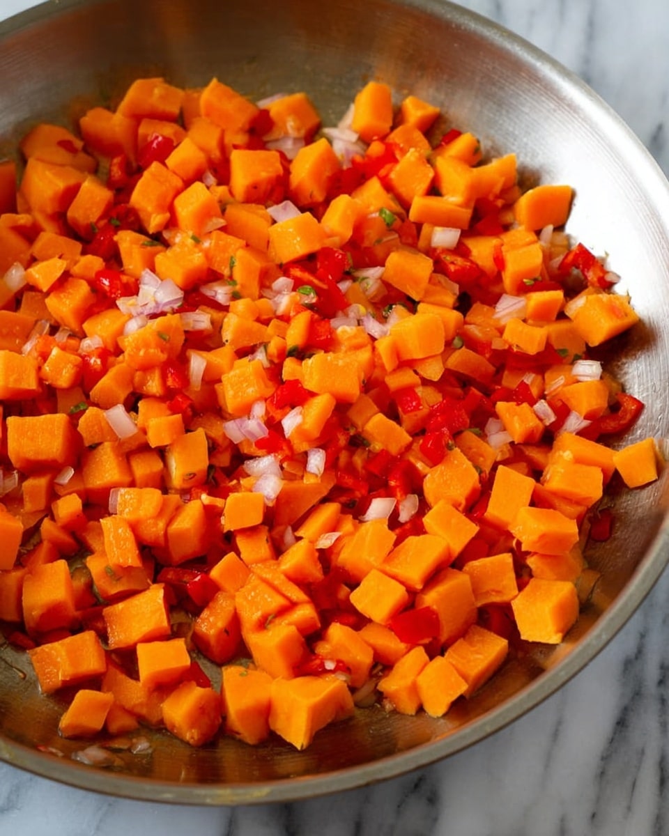 A close-up of a metal pan filled with small, bright orange cubes of cooked sweet potatoes mixed evenly with finely chopped translucent onions and tiny bits of red bell pepper, all showing a soft texture and slight shine. The pan rests on a white marbled surface, highlighting the vibrant colors of the diced vegetables. Photo taken with an iphone --ar 4:5 --v 7
