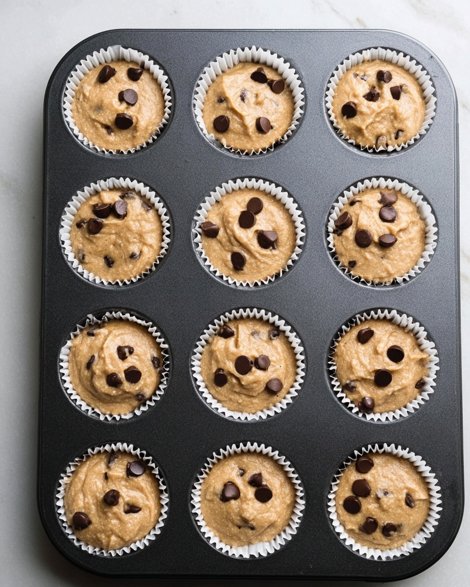 A black muffin tray holds 12 white paper liners, each filled with light brown muffin batter speckled with dark chocolate chips. The batter is smooth and slightly shiny, filling each liner mostly to the top with some chips sitting on the surface. The tray is placed on a white marbled surface that adds a clean fresh look to the scene. photo taken with an iphone --ar 4:5 --v 7