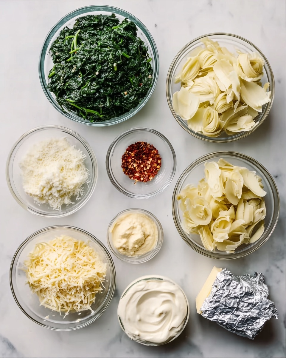 The image shows several clear glass bowls arranged in a circle on a white marbled surface, each filled with different ingredients. Starting from the top and moving clockwise: a large bowl filled with finely chopped dark green spinach, a small bowl with red chili flakes, another small bowl with minced white garlic, a medium bowl with thin off-white strips of artichoke hearts, a medium bowl with grated pale yellow Parmesan cheese, a medium bowl with pale yellow wide artichoke slices in the center, a small bowl filled with creamy white sour cream, another small bowl filled with light beige mayonnaise, a small bowl with grated pale yellow cheese (Mozzarella), and a small container of cream cheese with a silver foil wrapper partially peeled back. All the items are neatly placed on the white marble surface, creating a clean and organized appearance. photo taken with an iphone --ar 4:5 --v 7