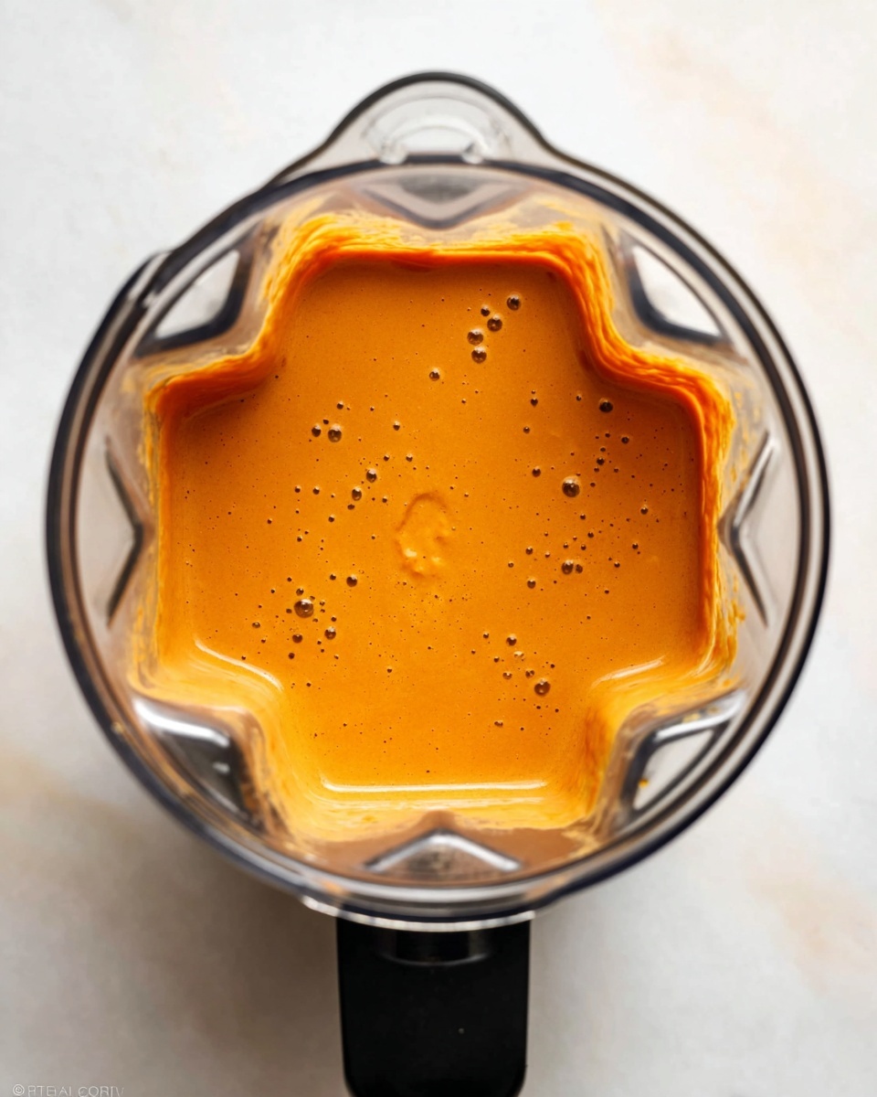 A top-down view of a blender filled with a smooth, thick orange sauce that has a creamy texture with small bubbles on the surface. The blender container is clear plastic with black accents on the handle and top parts, resting on a white marbled surface. The sauce evenly coats the sides of the container, showing a rich, warm color with slight specks of darker tones. photo taken with an iphone --ar 4:5 --v 7