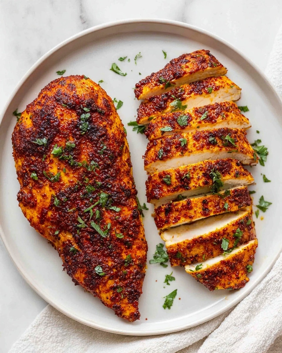 On a white plate, there are two pieces of spicy grilled chicken: one is whole with a rich reddish-brown crust textured with spices and herbs, and the other is sliced into six thick pieces showing a white interior. Both pieces are sprinkled with bright green chopped herbs, adding color contrast. The plate sits on a white marbled surface with a partially visible white cloth beneath it. photo taken with an iphone --ar 4:5 --v 7