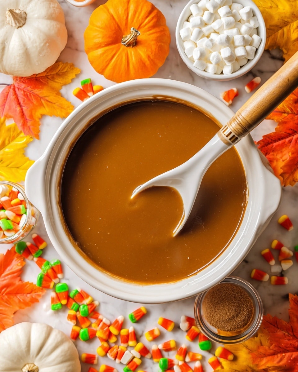 A large white bowl filled with smooth brown soup, with a white ladle that has a wooden handle resting inside and holding some soup. The bowl is on a white marbled surface, surrounded by small candy pumpkins in orange and green colors, candy corn in yellow, orange, and white, small white marshmallows, a white pumpkin, autumn-colored leaves in yellow and orange, a small bowl of white cream, and a small glass bowl of brown spice. Photo taken with an iphone --ar 4:5 --v 7