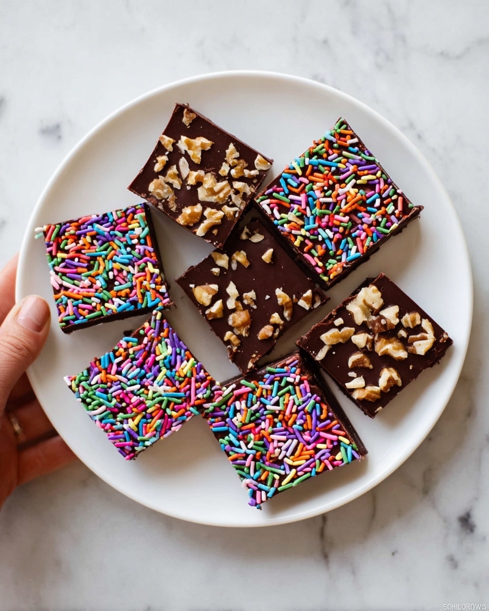 A white plate holds ten square chocolate pieces arranged loosely. Five squares have a single thick dark brown chocolate layer topped with chopped light brown walnuts scattered evenly. The other five squares have one dark brown chocolate layer with colorful, elongated sprinkle toppings in red, pink, purple, green, blue, orange, and white, spread across evenly. One sprinkle-topped chocolate piece is held by a woman's hand on the right side, showing a clean, straight edge. The plate rests on a white marbled surface. photo taken with an iphone --ar 4:5 --v 7