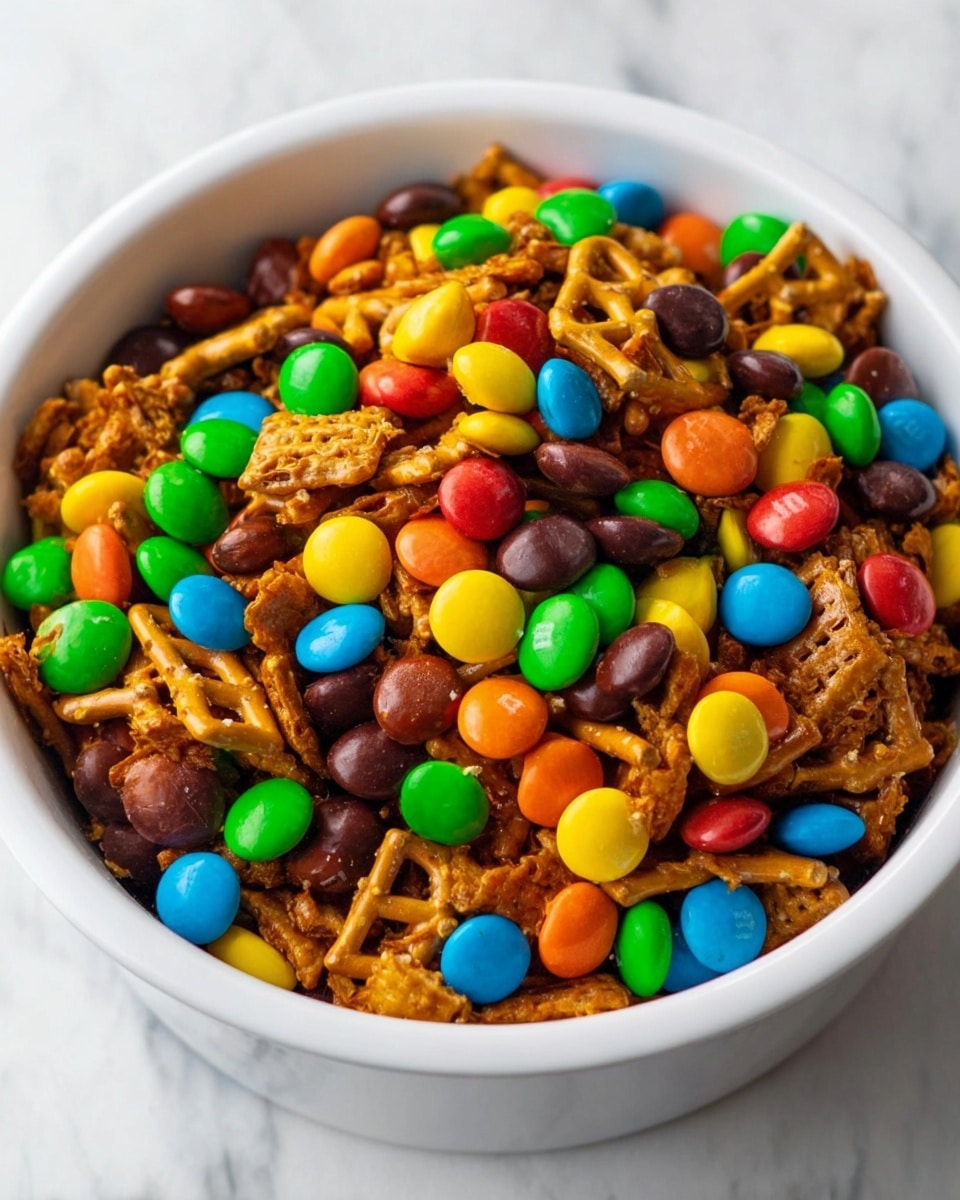 A white bowl filled with a mix of two layers: the bottom layer is crunchy pretzel pieces in golden brown color with a rough texture, and the top layer is colorful candy-coated chocolates scattered all over, in bright green, orange, yellow, red, blue, and dark brown, each piece smooth and shiny. The bowl sits on a white marbled surface. photo taken with an iphone --ar 4:5 --v 7