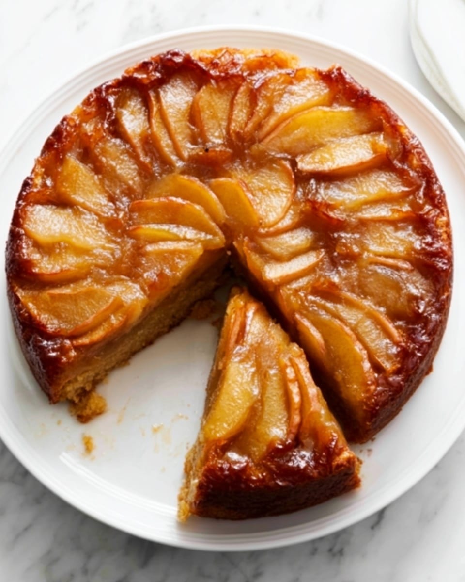 The image shows a close-up view of a round apple cake with three visible layers. The bottom layer is a dark brown cake base with a soft texture. On top of the cake base, there is a layer of shiny, cooked apple slices arranged neatly in a fan pattern, with a warm golden brown color and slightly translucent look, covered with a glossy glaze that makes the surface shine. A slice of the cake is being lifted with a silver serving utensil, showing the thickness of the cake and the soft apple topping. The cake sits on a white plate on a white marbled surface. Photo taken with an iphone --ar 4:5 --v 7