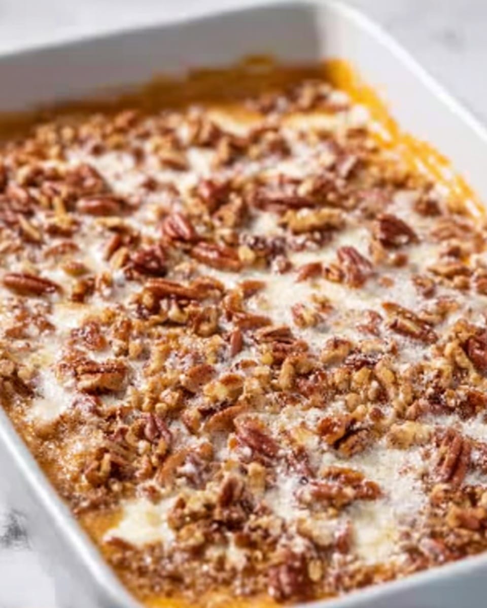 The dish is a baked casserole in a white rectangular dish, with a bubbling golden brown top layer. The top is sprinkled generously with chopped pecans, giving a crunchy texture. Beneath the nut layer, there is a smooth, creamy layer with a slightly caramelized color, and bits of white creamy sauce are visible on the edges. The dish sits on a white marbled surface. Photo taken with an iphone --ar 4:5 --v 7