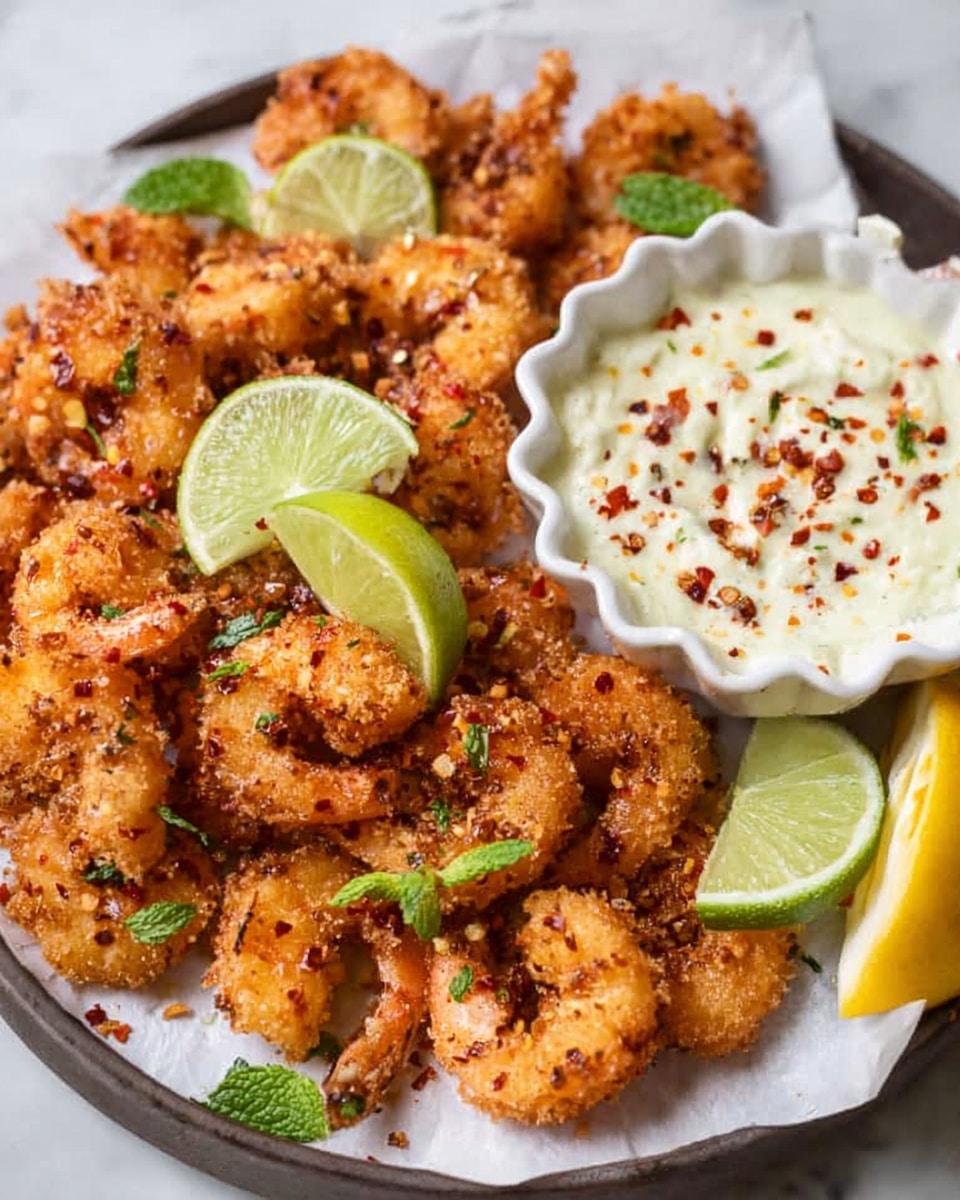 A white round plate with a layer of white parchment paper holds many small, crispy fried shrimp that are golden brown and sprinkled with red pepper flakes. Scattered among the shrimp are several fresh lime wedges with a bright green outer skin and pale green inside. Near the center right of the plate is a white scalloped bowl filled with creamy sauce topped with more red pepper flakes. There is a yellow lemon wedge next to the sauce bowl, and a few small sprigs of fresh green mint leaves are placed on the shrimp and lime wedges. The background is a white marbled texture. photo taken with an iphone --ar 4:5 --v 7