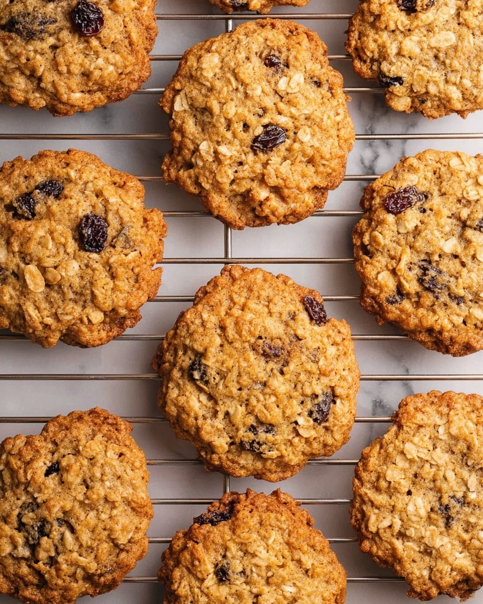 The image shows a close-up of eight oatmeal raisin cookies placed on a cooling rack. Each cookie is thick and has a rough texture with visible oats and dark raisins scattered throughout. The cookies have a golden-brown color on the edges and a lighter golden shade towards the center. The cooling rack is silver and is set against a white marbled surface. The overall look is warm and inviting, highlighting the rich texture and details of each cookie. photo taken with an iphone --ar 4:5 --v 7