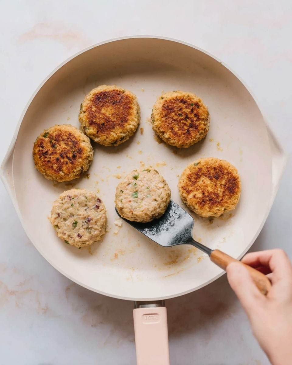 The image shows a white pan with seven small round patties arranged inside. Four of the patties are uncooked with a light beige color and some green and purple bits visible, lying mostly around the edges and bottom. The other three patties are in the top part of the pan, browned and crispy with a golden color. A woman's hand holding a spatula is gently lifting one of the uncooked patties. The pan is set on a white marbled surface. The overall lighting is soft and natural, highlighting the texture difference between cooked and uncooked patties. Photo taken with an iphone --ar 4:5 --v 7