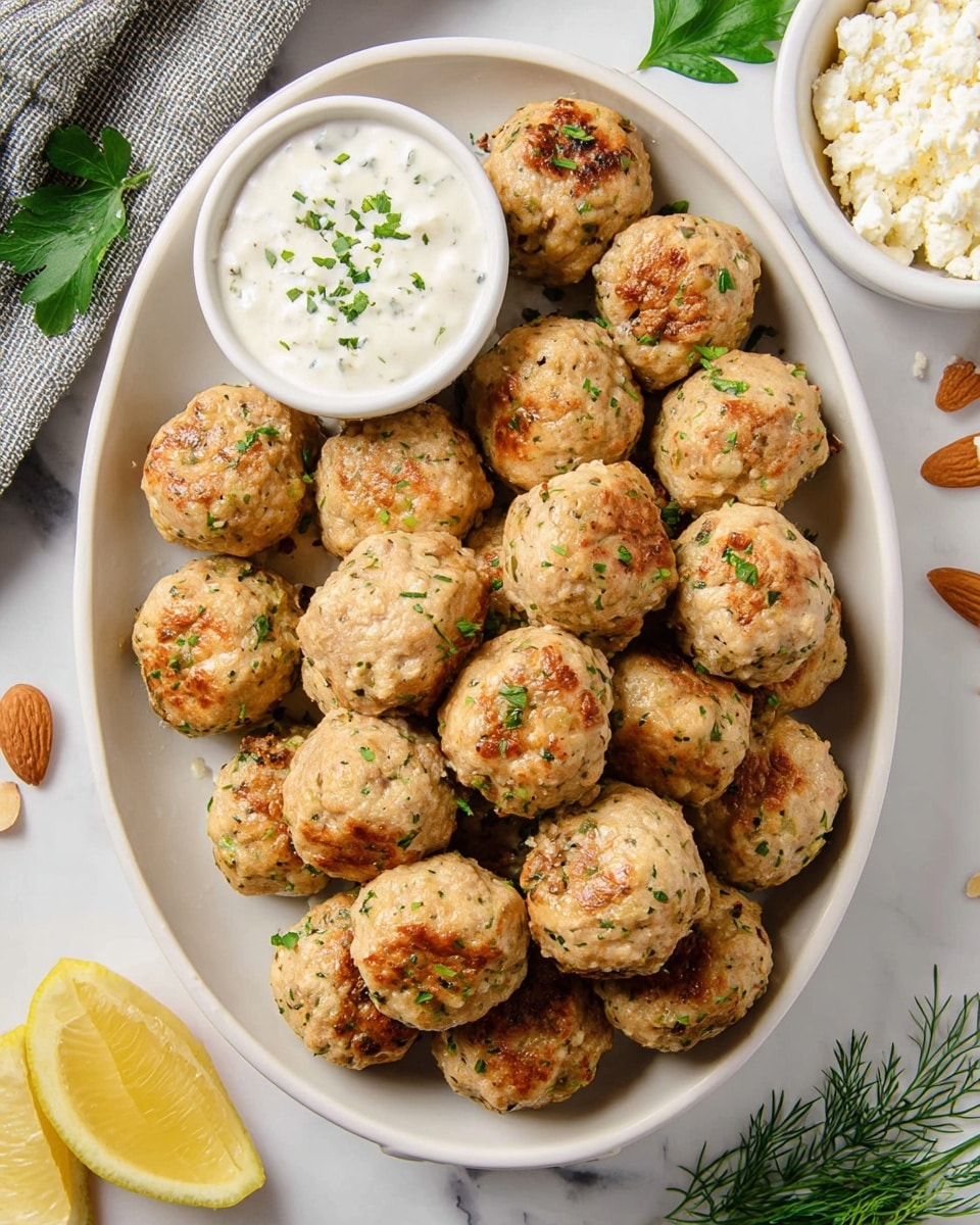 A white oval plate holds about twenty golden-brown meatballs sprinkled with small green herb bits, showing a slightly crisp and textured surface. In the top left corner of the plate is a small round bowl filled with a creamy white sauce garnished with chopped green herbs. At the bottom left edge of the plate rests a single lemon wedge with a bright yellow peel and pale yellow flesh. A smaller white bowl with crumbly white cheese and a few almond pieces sits to the right, all set against a white marbled surface with scattered green herb leaves nearby. Photo taken with an iphone --ar 4:5 --v 7