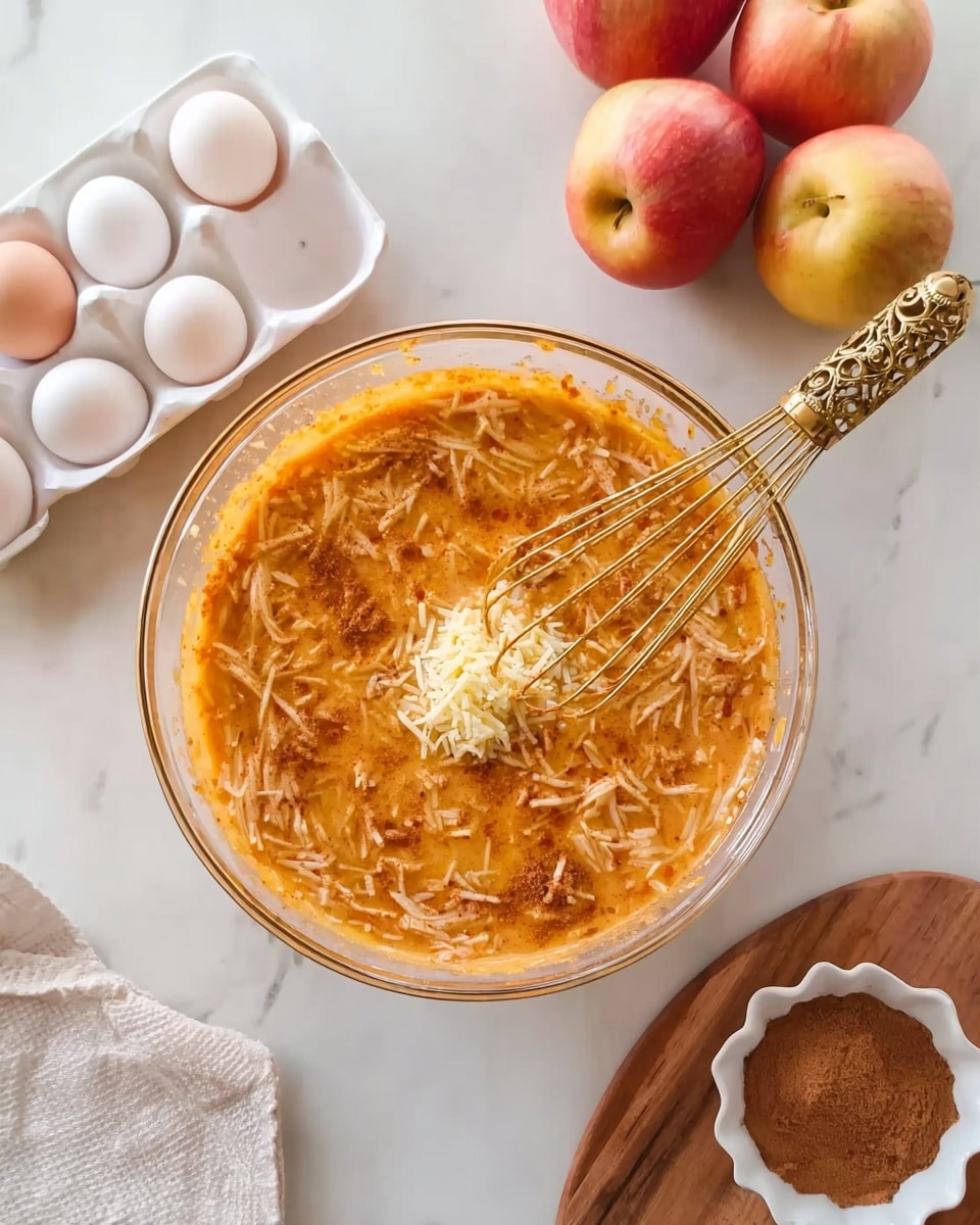 The image shows a clear glass bowl filled with an orange batter mixture that has shredded light-colored pieces spread evenly throughout. On top, a small pile of finely grated pale yellow bits rests, adding texture. A golden whisk with intricate decorative details is placed inside the bowl, resting diagonally against its edge. Nearby, on a white marbled surface, there is a white tray holding whole eggs and empty eggshell halves arranged neatly. To the upper right, two red and yellow apples sit next to a small, white scalloped bowl filled with two brown dollops of paste or powder on a wooden board. A white cloth is partially visible toward the lower left corner. The photo taken with an iphone --ar 4:5 --v 7