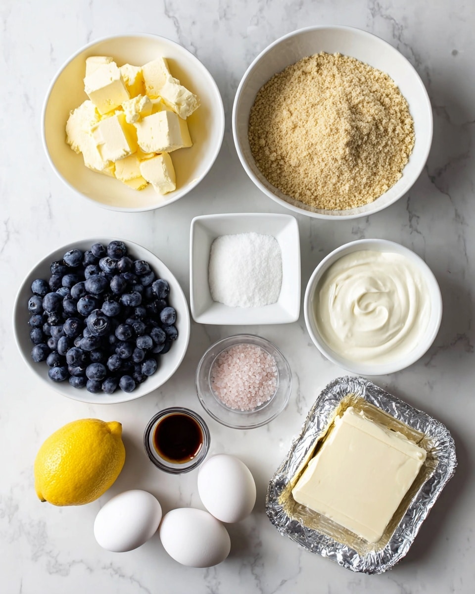 The image shows various ingredients arranged neatly on a white marbled surface. From top left, there is a white bowl with yellow butter chunks, next to a white bowl filled with finely crushed light brown crumbs. To the right, a small white bowl contains creamy white yogurt. Below the crumbs, a round white bowl is filled with fresh, dark blue blueberries. Next to it, a small square white dish holds granulated white sugar. Four white eggs are placed next to the sugar. In the bottom right is a foil pack with three thick slabs of white cream cheese. At the bottom left corner, a whole bright yellow lemon and a small clear cup with dark vanilla extract rest beside a small round white dish of pink salt. All items are clear and distinct. Photo taken with an iphone --ar 4:5 --v 7