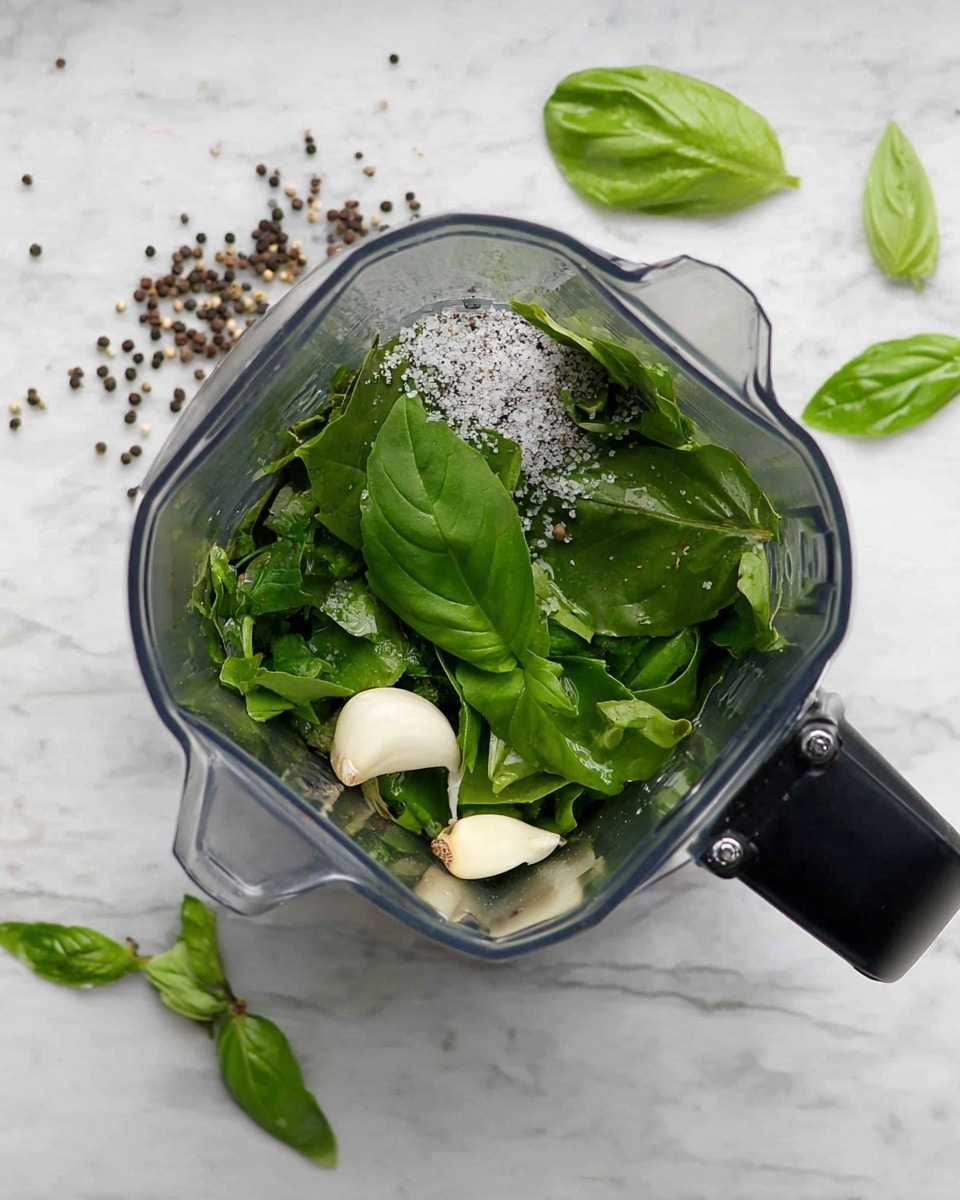 Inside a silver blender container, there is a mix of fresh green basil leaves with a light shine from oil. Two whole garlic cloves sit at the bottom, adding a smooth creamy white layer. On top of the leaves, a small pile of white salt crystals rests alongside several scattered whole black peppercorns. Outside the blender, pieces of basil leaves and a few peppercorns are scattered on a white marbled surface. The blender handle is black and attached to the right side of the container. Photo taken with an iphone --ar 4:5 --v 7