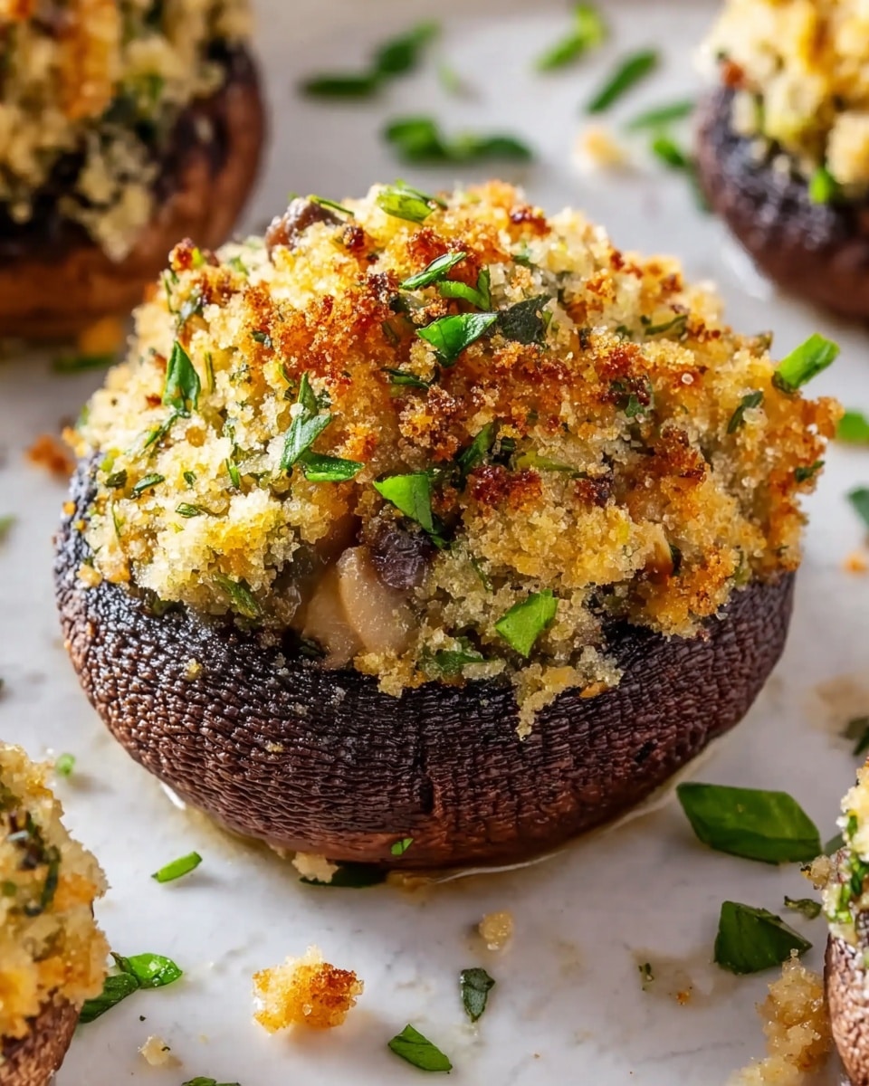 A close-up of a single stuffed mushroom on a white plate showing a thick dark brown mushroom base with a crumbly golden topping mixed with green herbs and small pieces of white and light brown filling. There are scattered green herb pieces around the mushroom on the white marbled surface. The texture on top looks slightly crispy and uneven, with some lightly browned spots. photo taken with an iphone --ar 4:5 --v 7