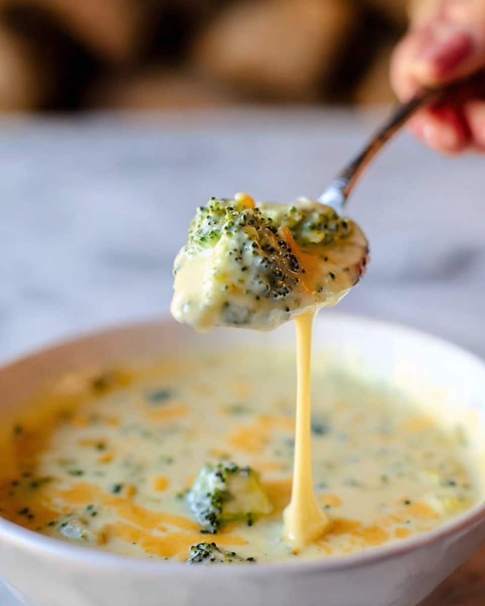 The image shows a close-up of a spoon holding a creamy, cheesy mixture with visible pieces of green broccoli and yellow cheese. The sauce looks thick and smooth, dripping slowly from the spoon. The spoon is above a white bowl filled with more of the same creamy mixture. The background is a white marbled texture and a woman's hand holds the spoon, slightly blurred in the background. photo taken with an iphone --ar 4:5 --v 7