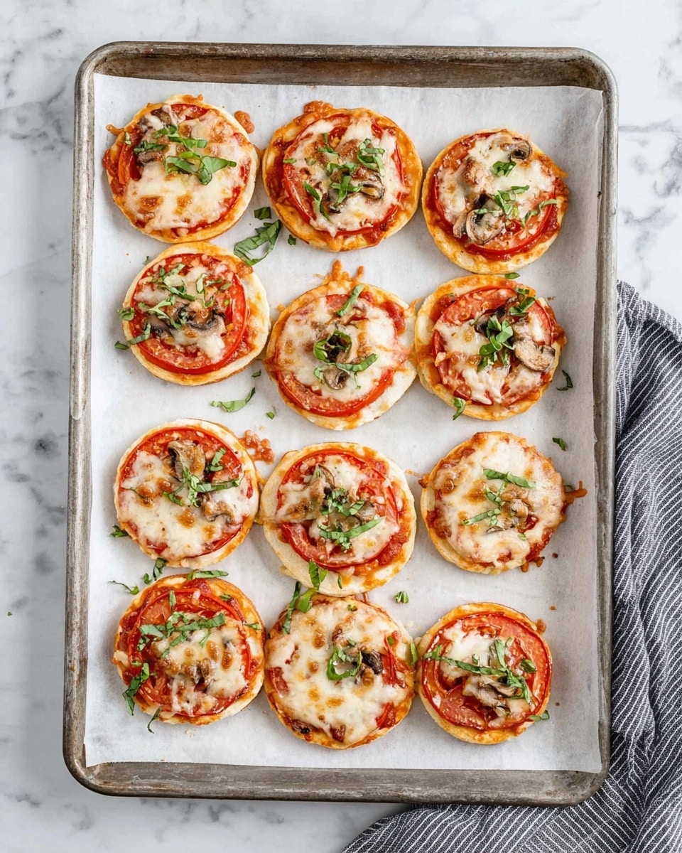 Nine small round pizzas on white parchment paper in a metal baking tray. Each pizza has three layers: a light golden crust at the bottom, a bright red tomato slice as the middle layer, and melted melted cheese with small bits of brown mushrooms and light green herbs on top. Some cheese is slightly browned and melted over the edges. Scattered green herbs add a fresh touch on the top of each pizza. The tray is on a white marbled surface with a gray-striped cloth visible at the corner. Photo taken with an iphone --ar 4:5 --v 7