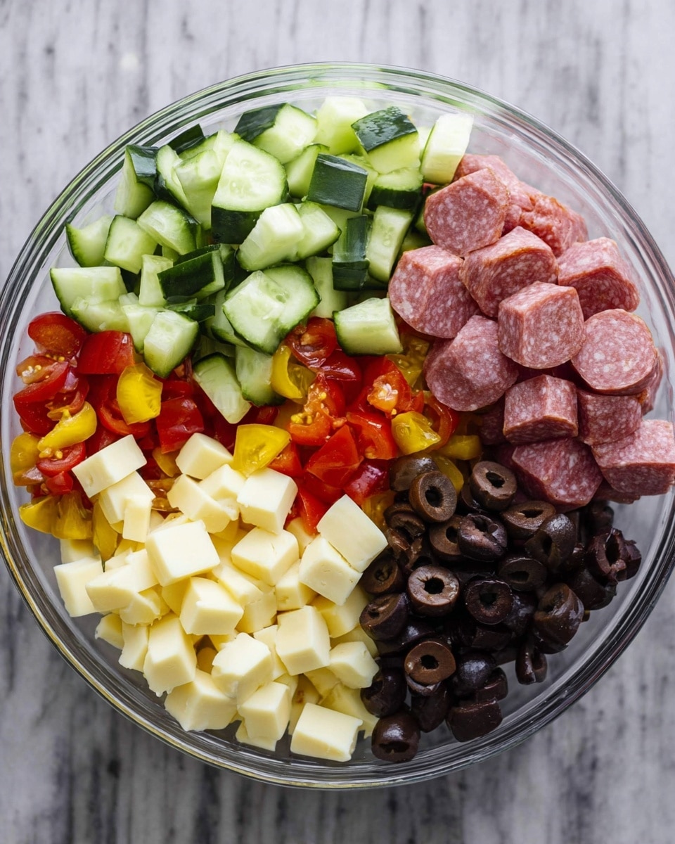 A clear glass bowl on a white marbled surface filled with five neat layers of ingredients: chopped cucumber pieces in the top left, bright pink sliced salami pieces in the top right, small red and yellow tomato chunks in the lower right, black sliced olives in the bottom center, and light yellow cubed cheese in the lower left. Each ingredient is placed side by side, creating colorful sections within the bowl. photo taken with an iphone --ar 4:5 --v 7